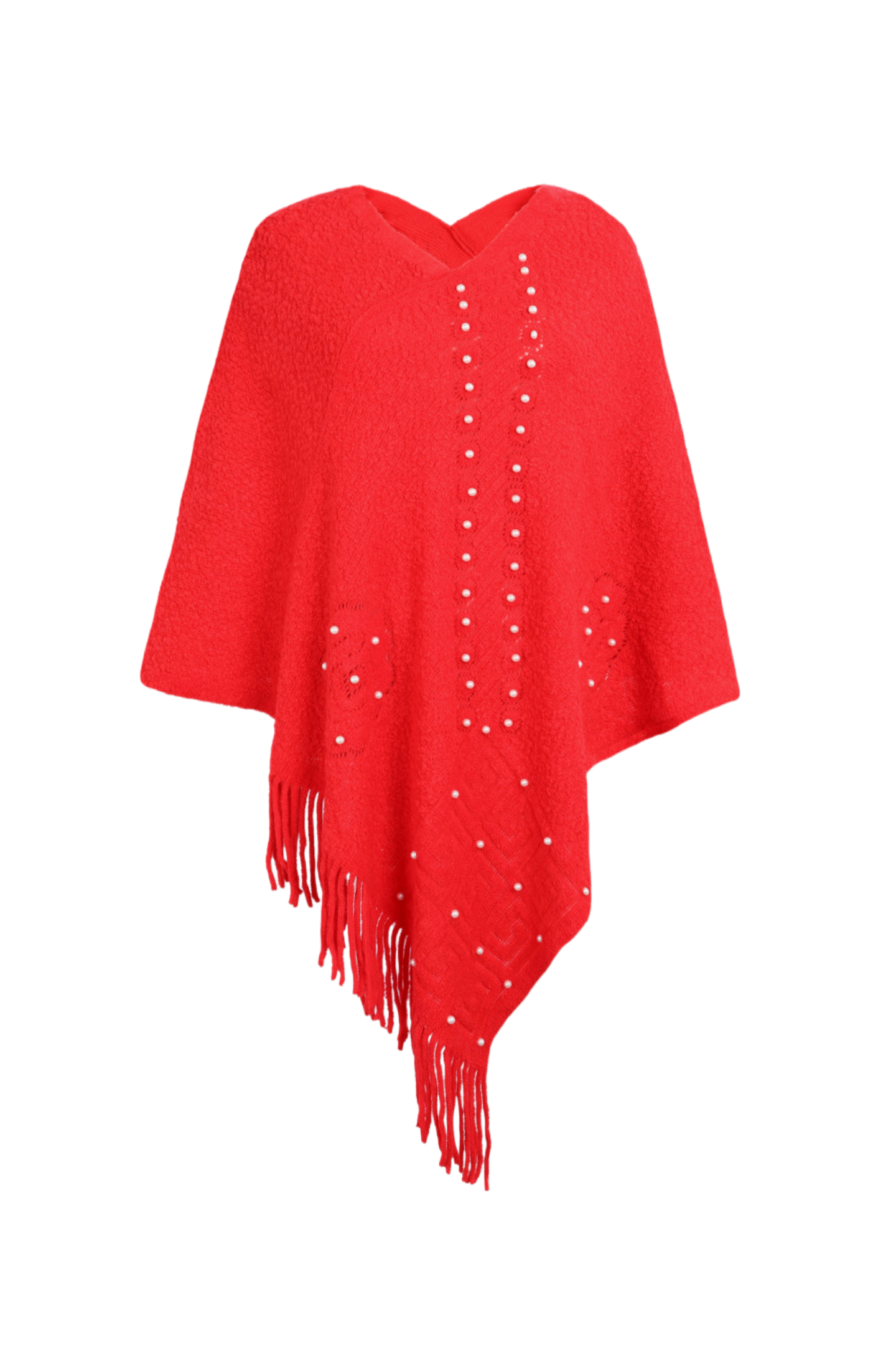 Pearl Trim Fringe Hem Poncho