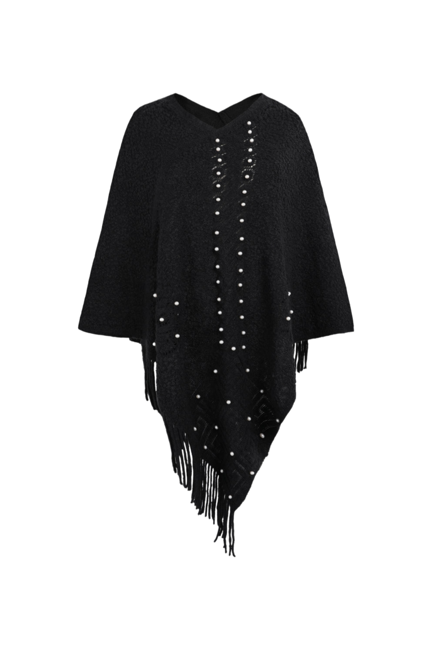 Pearl Trim Fringe Hem Poncho