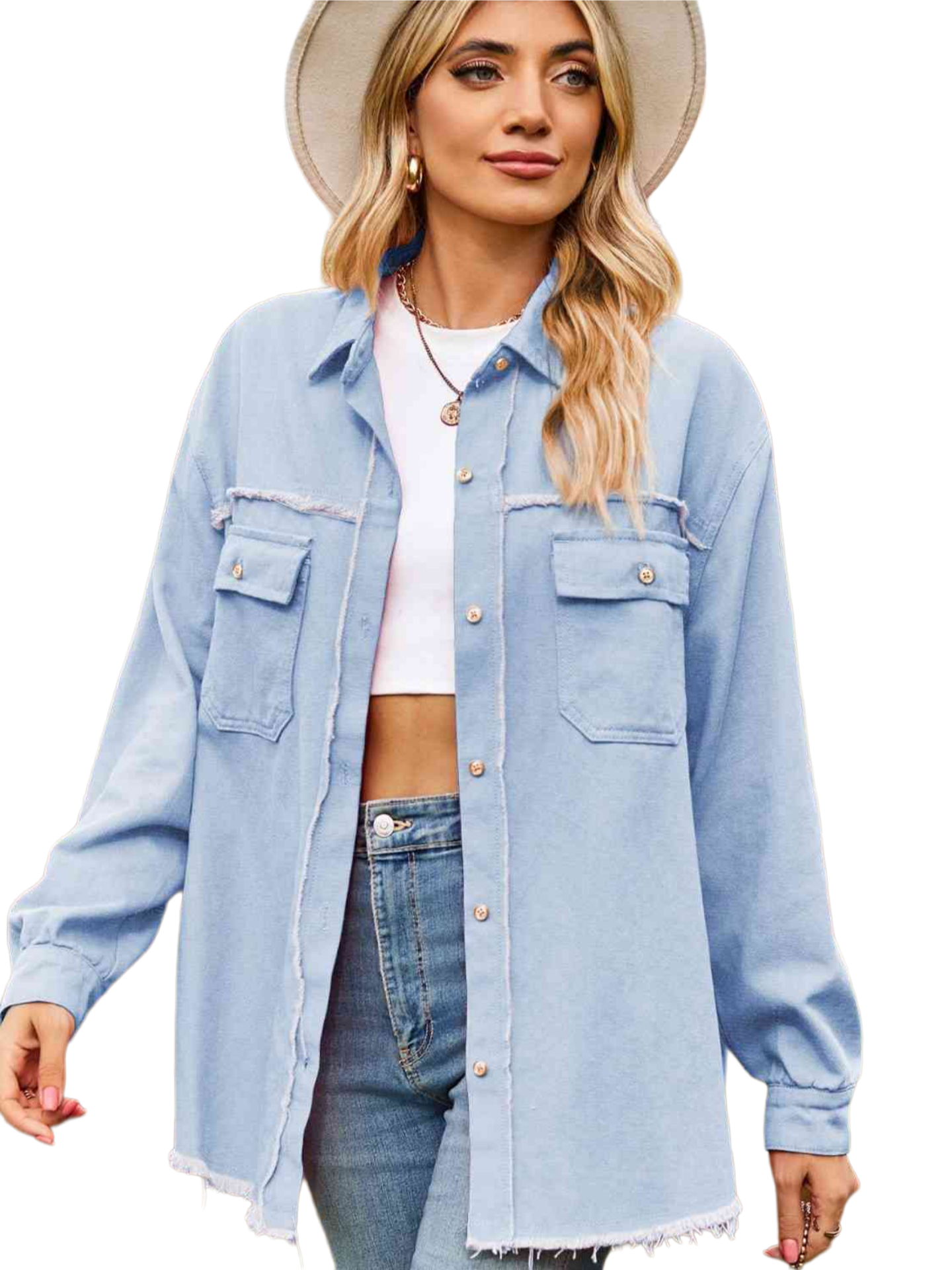 Button Up Collared Neck Raw Hem Denim Top