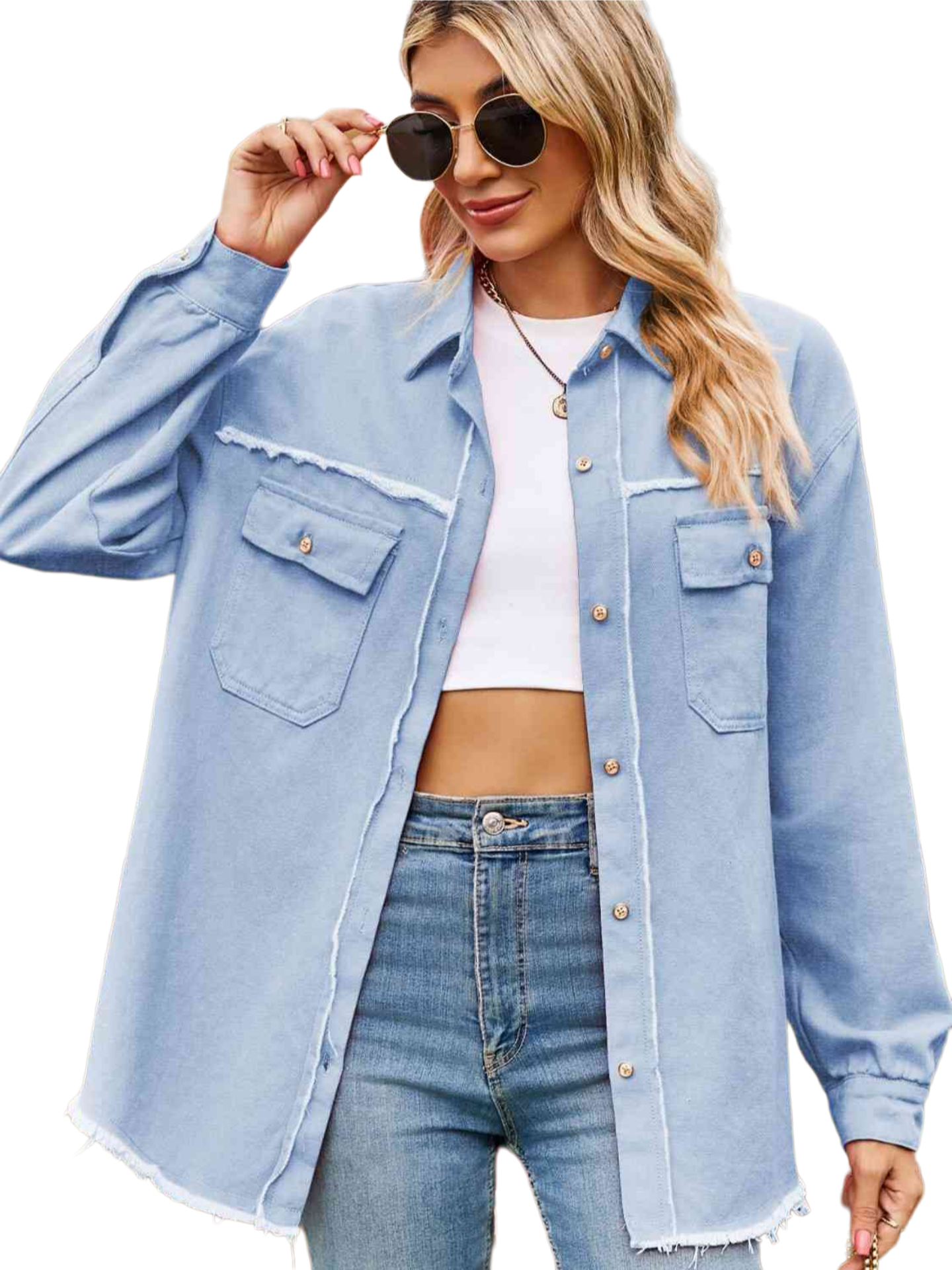 Button Up Collared Neck Raw Hem Denim Top