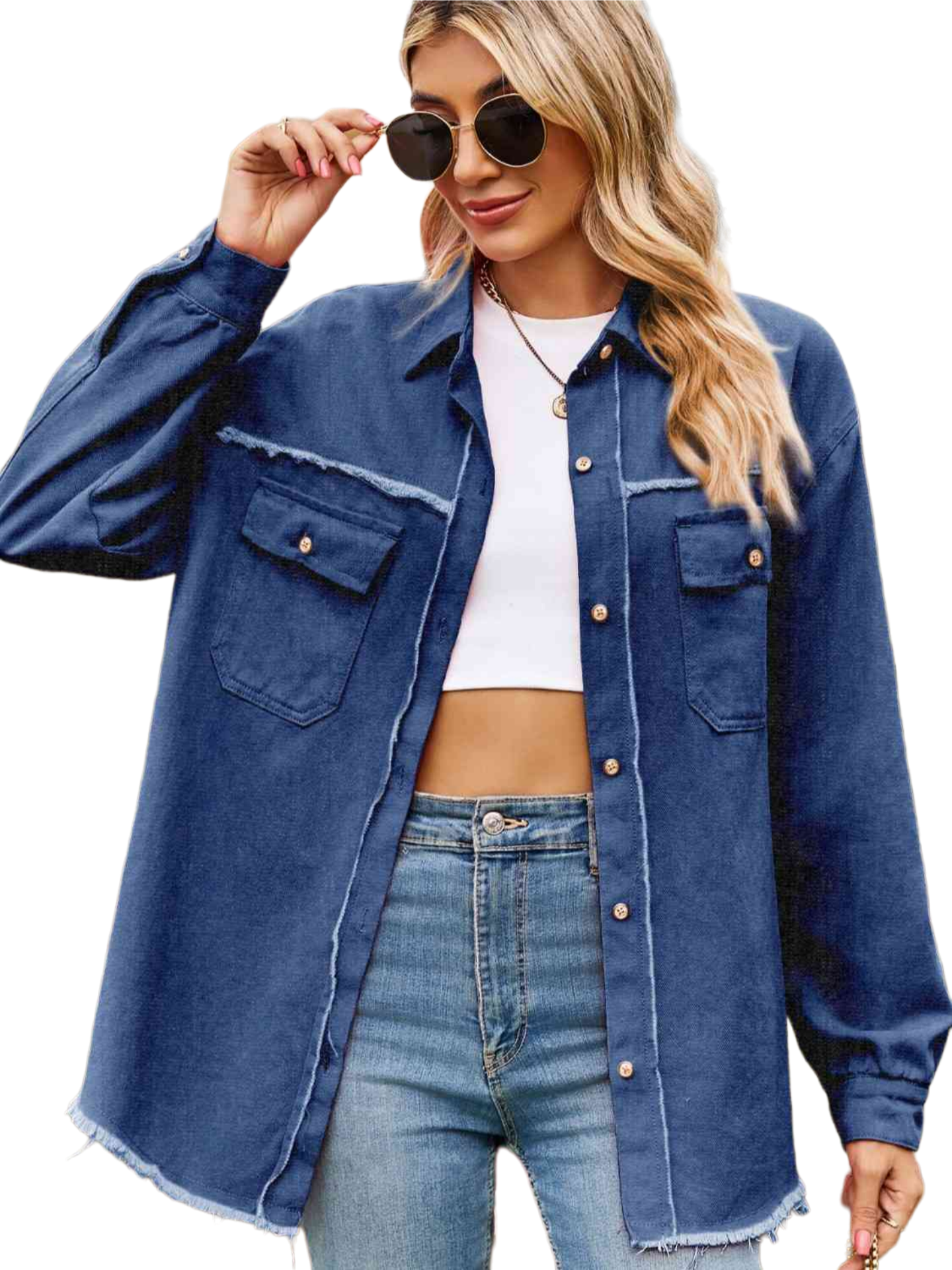 Button Up Collared Neck Raw Hem Denim Top