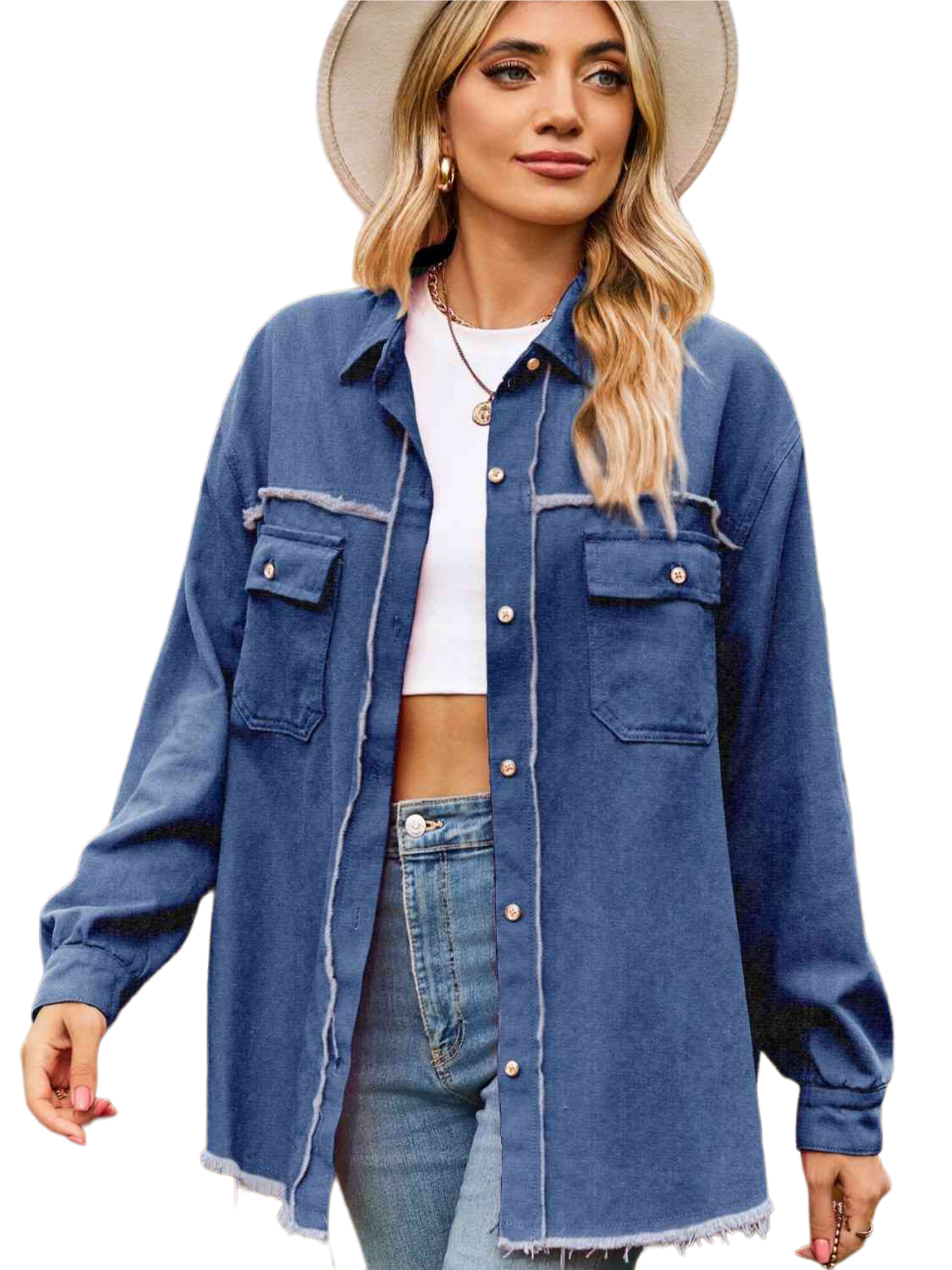 Button Up Collared Neck Raw Hem Denim Top