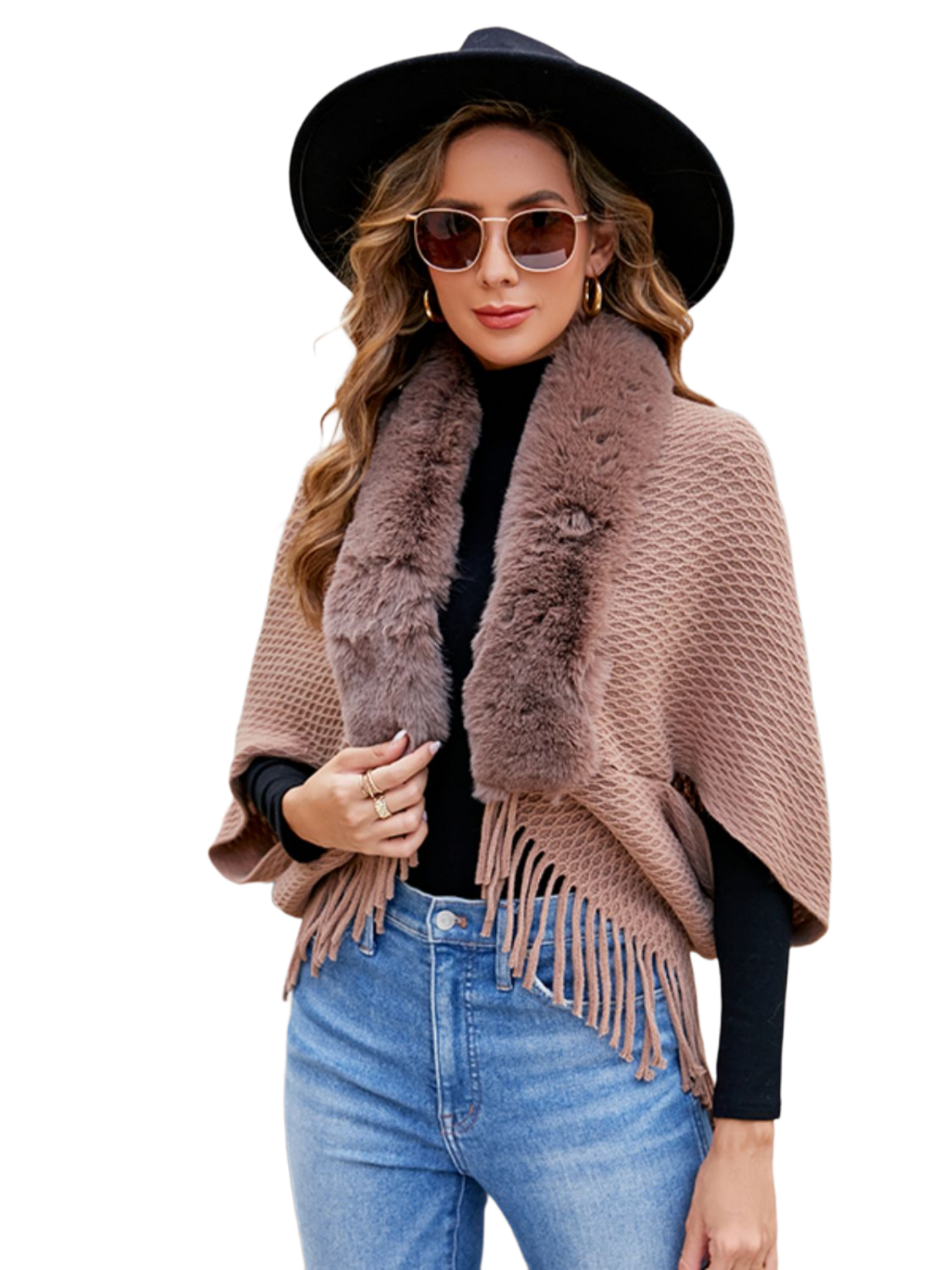 Open Front Fringe Hem Poncho