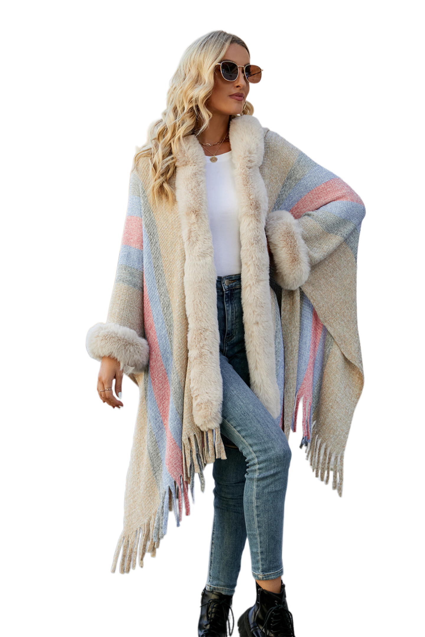 Color Block Fringe Detail Poncho