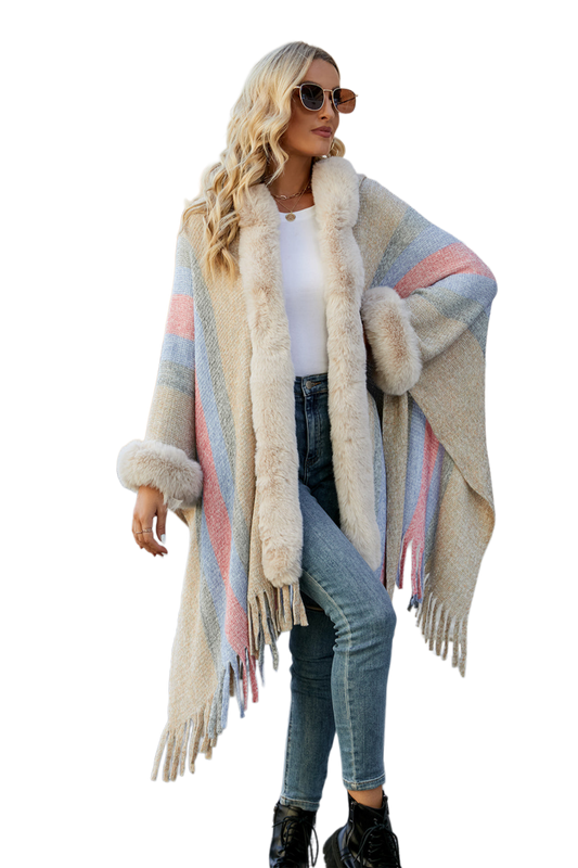 Color Block Fringe Detail Poncho