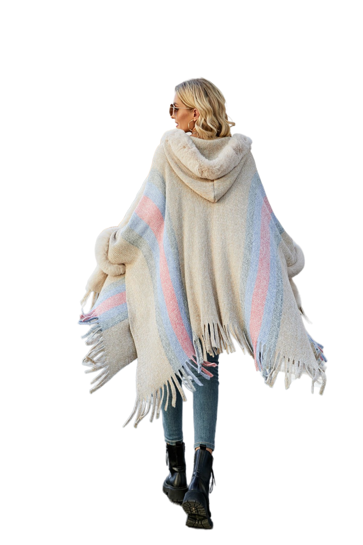 Color Block Fringe Detail Poncho