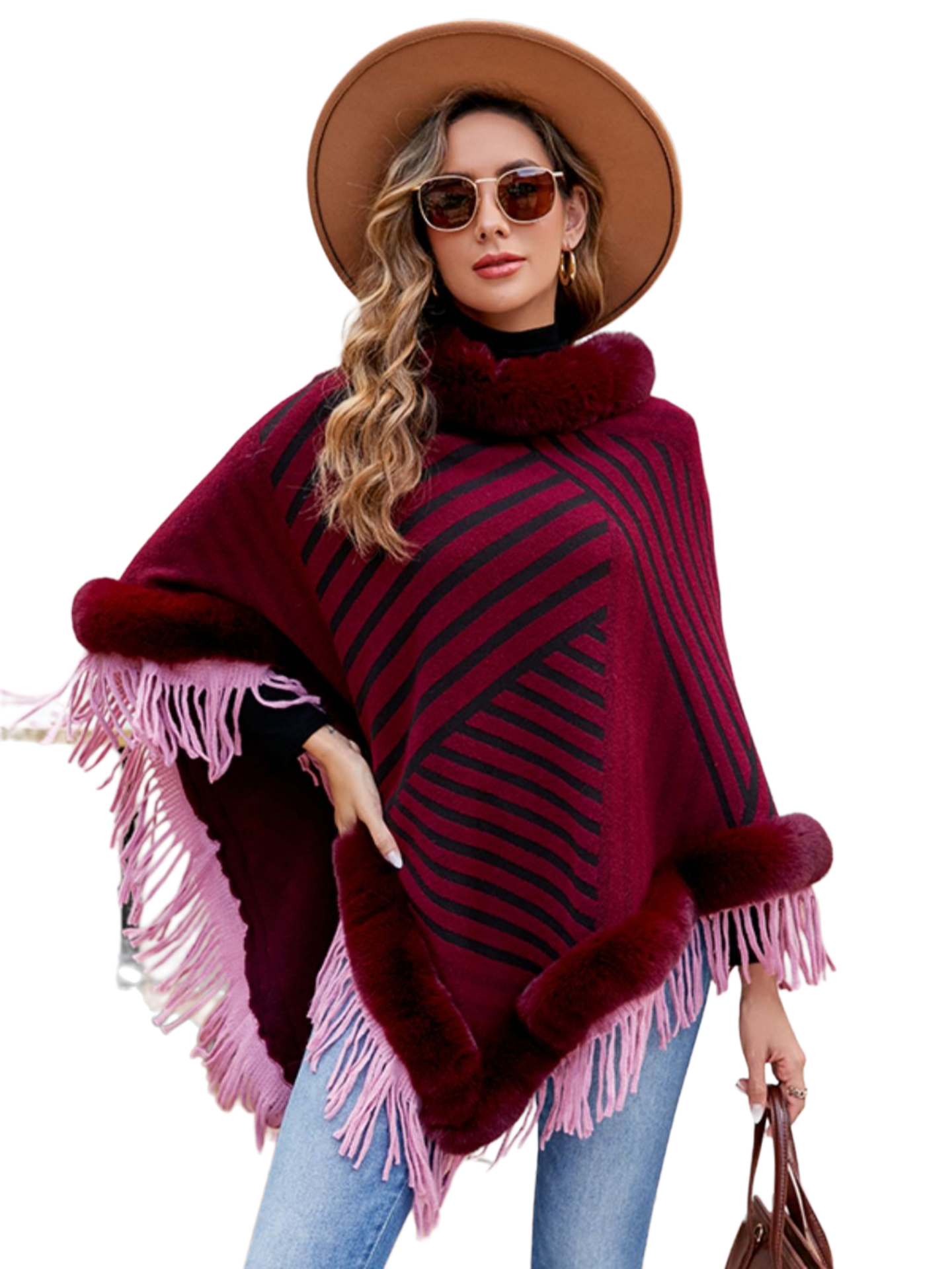 Striped Fringe Hem Poncho