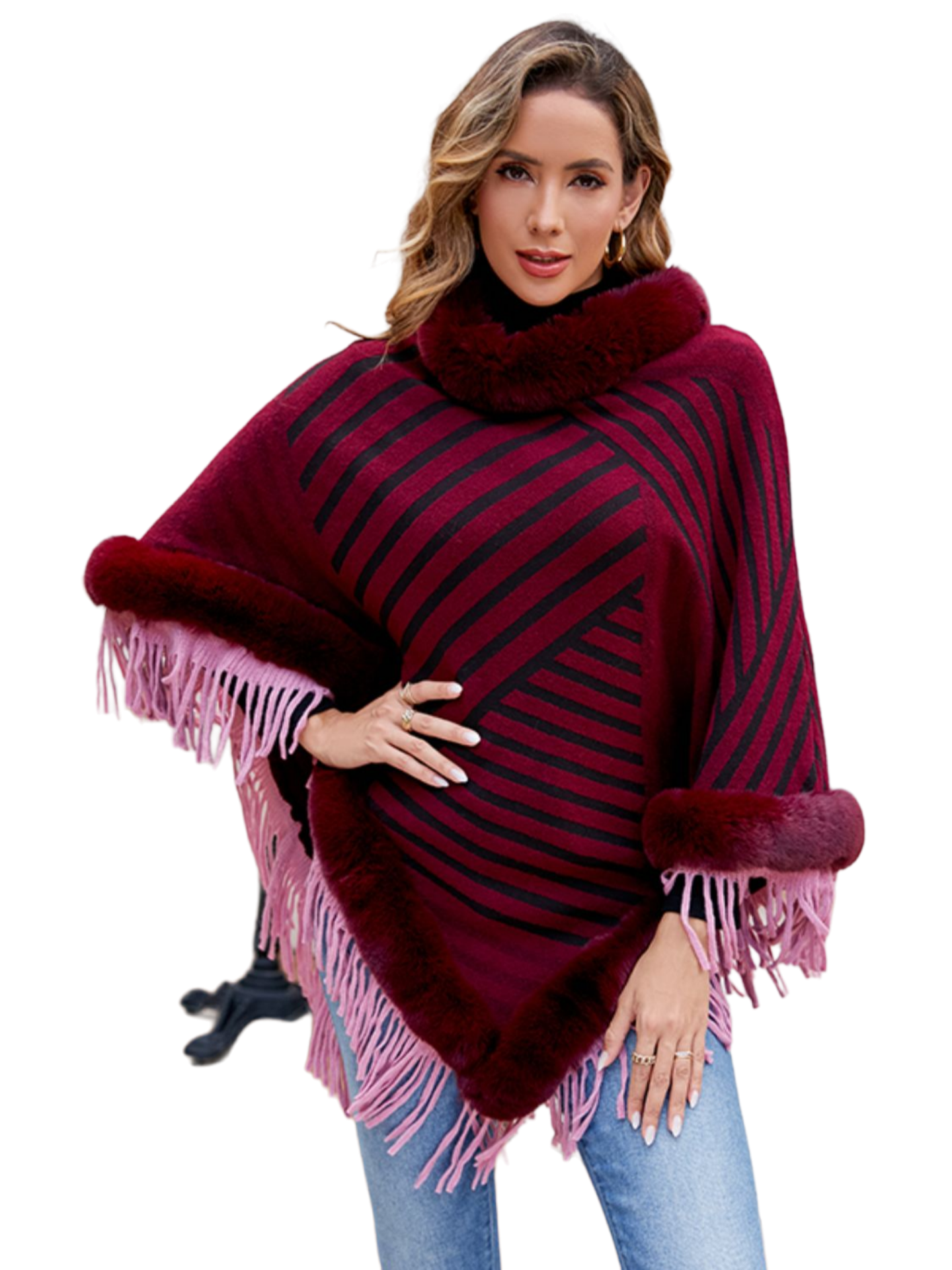 Striped Fringe Hem Poncho