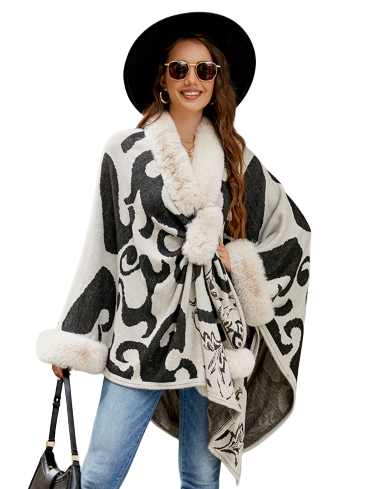 Faux Fur Trim Poncho