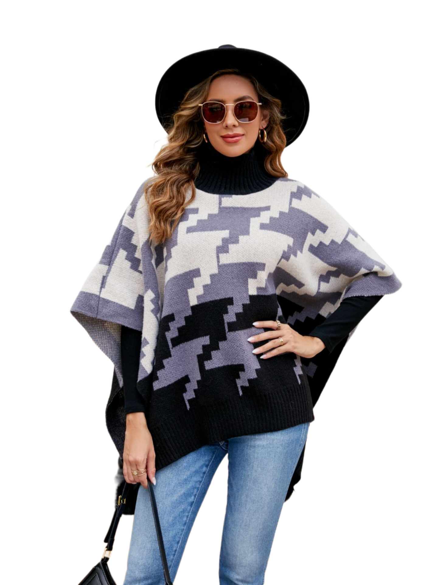 Turtleneck Pom-Pom Trim Poncho