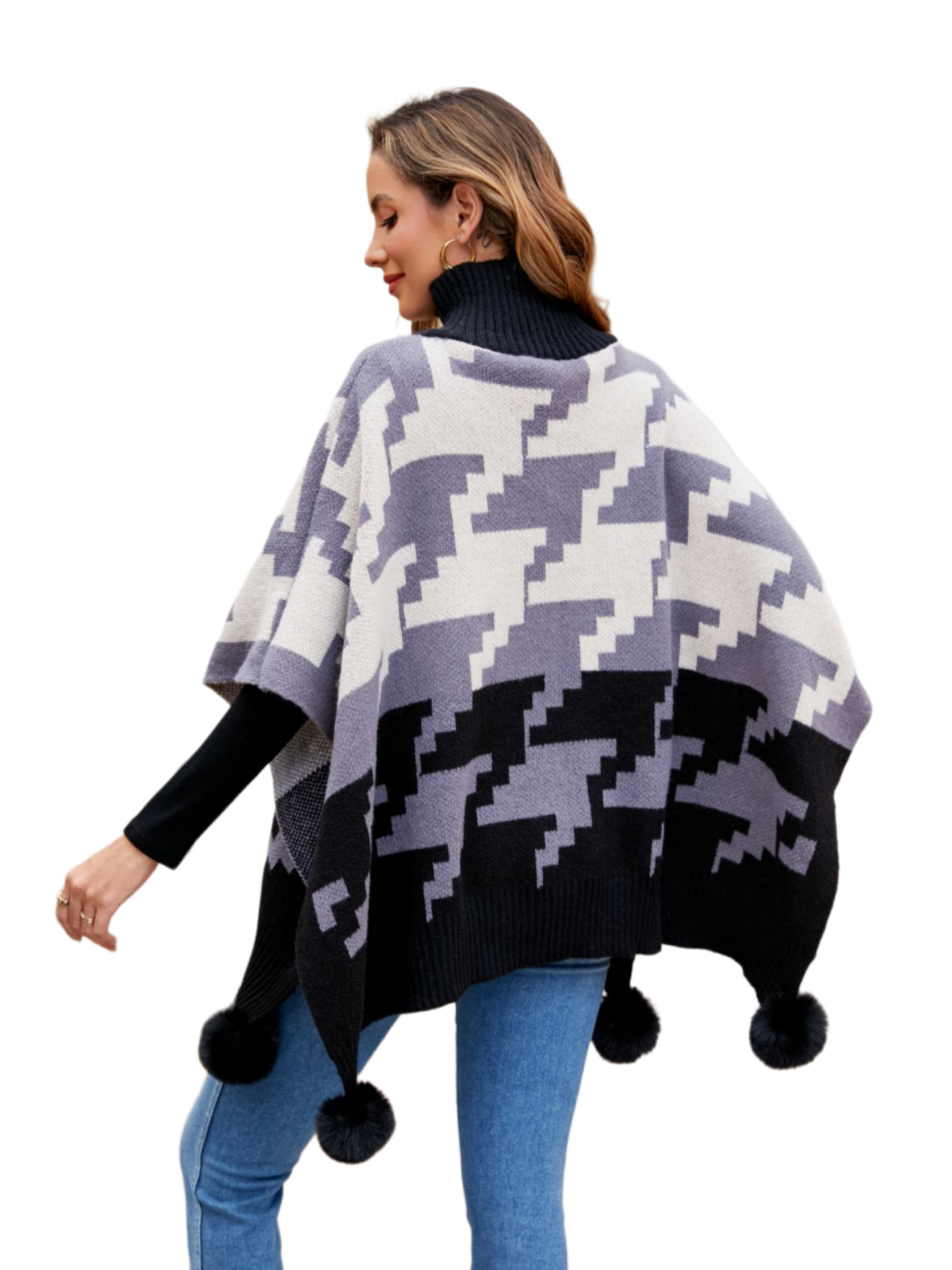 Turtleneck Pom-Pom Trim Poncho