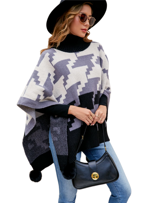 Turtleneck Pom-Pom Trim Poncho