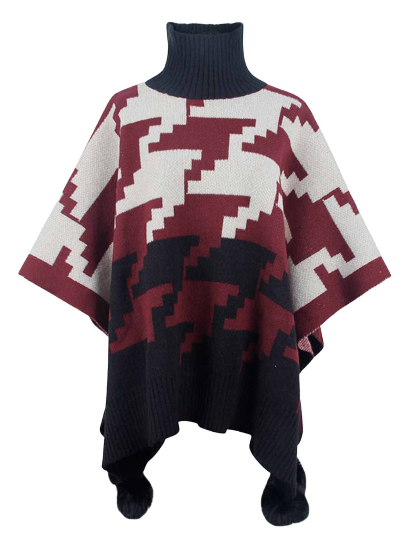 Turtleneck Pom-Pom Trim Poncho