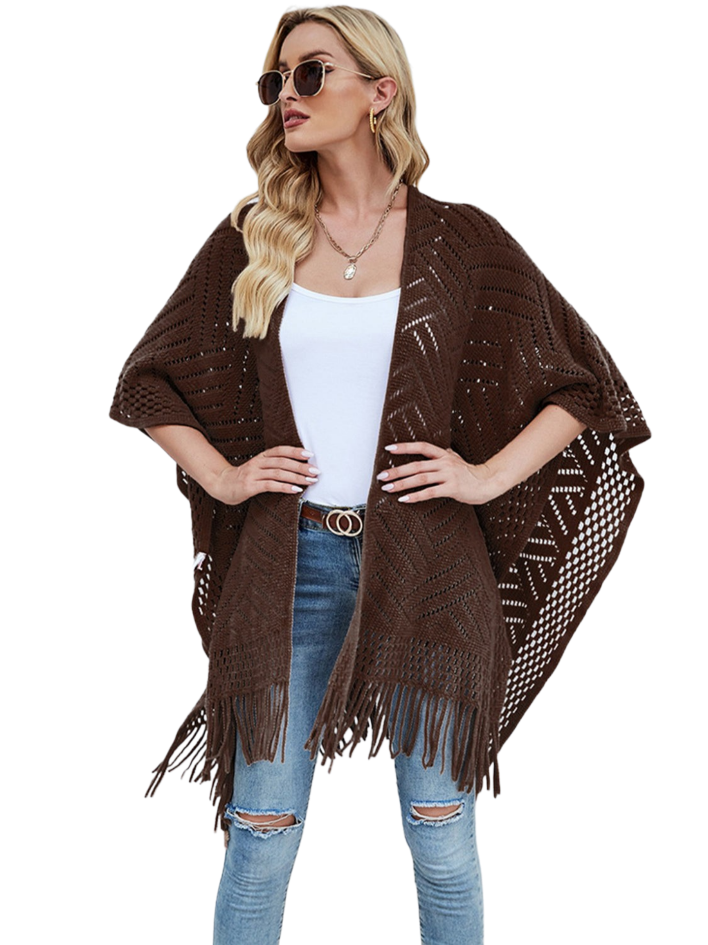 Fringe Hem Open Front Poncho