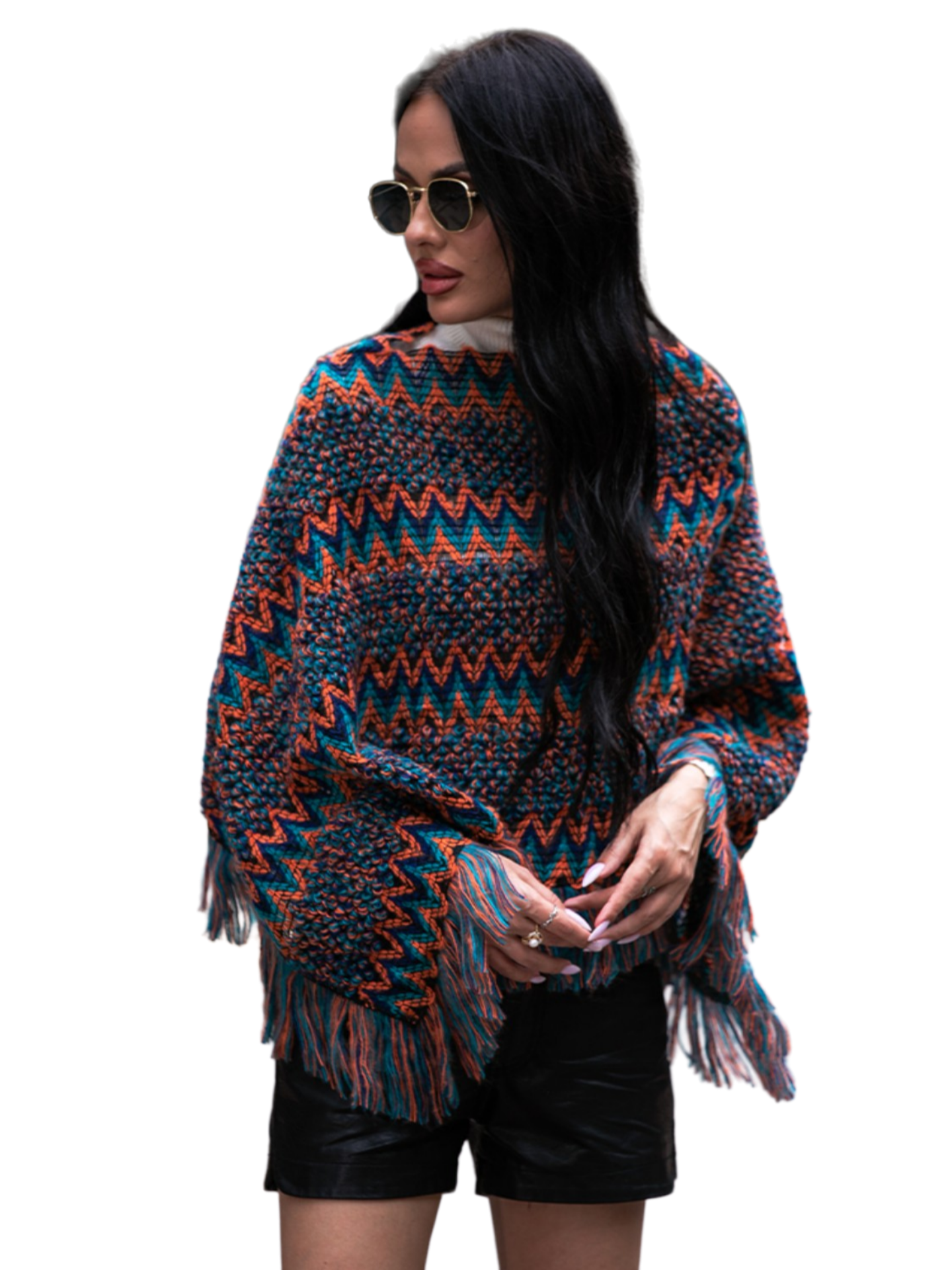 Fringe Hem Boat Neck Poncho