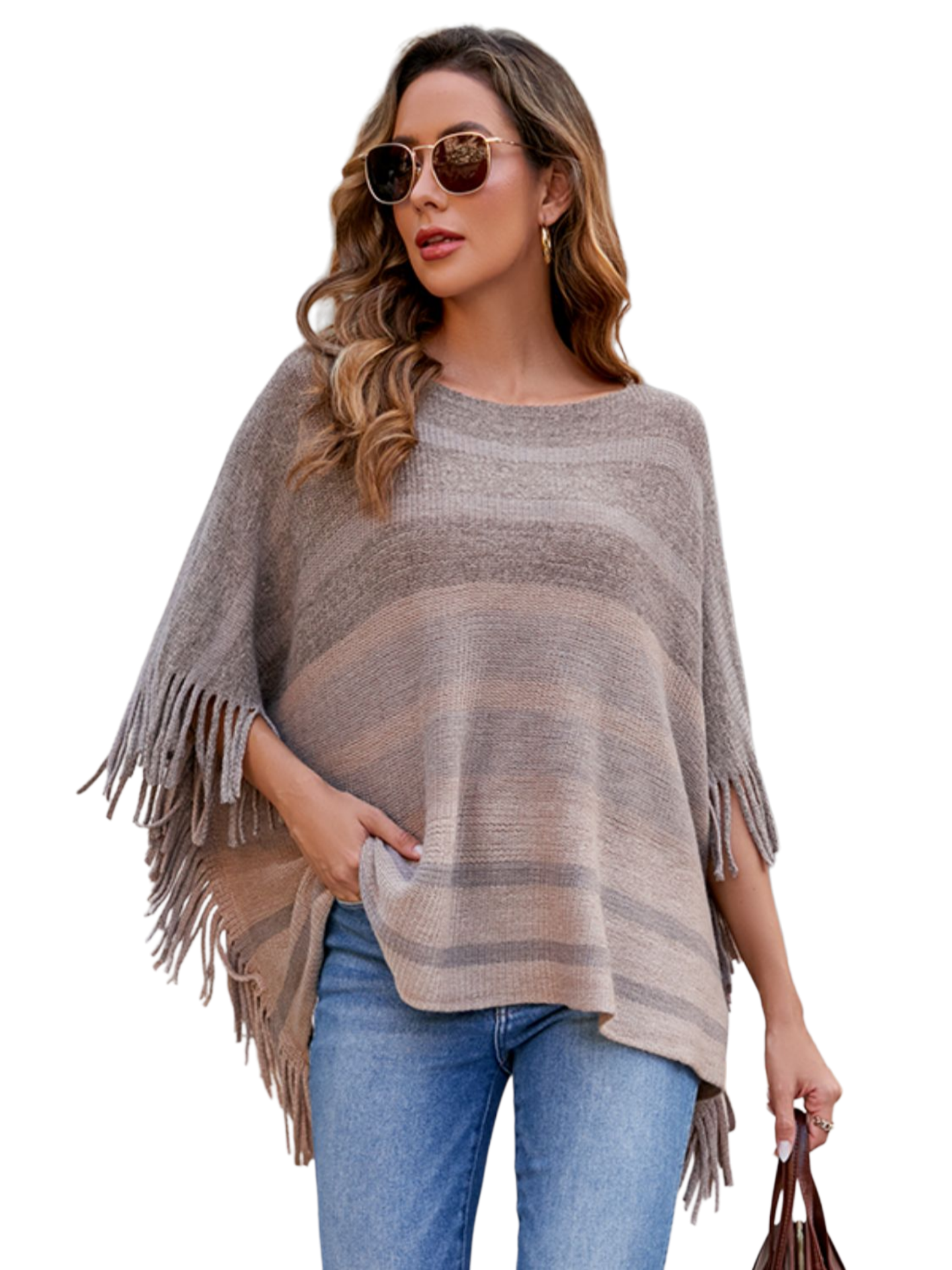 Striped Boat Neck Poncho with Fringes