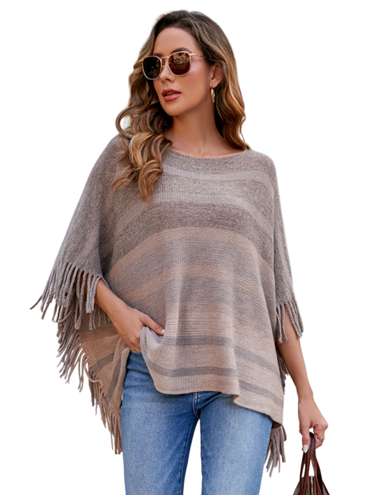 Striped Boat Neck Poncho with Fringes