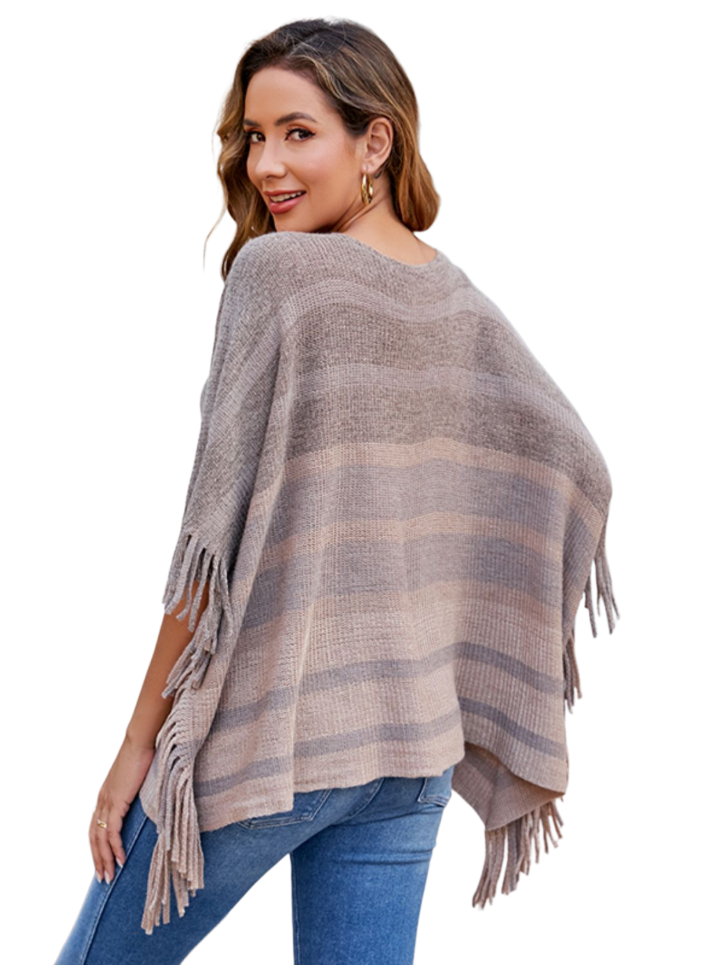 Striped Boat Neck Poncho with Fringes