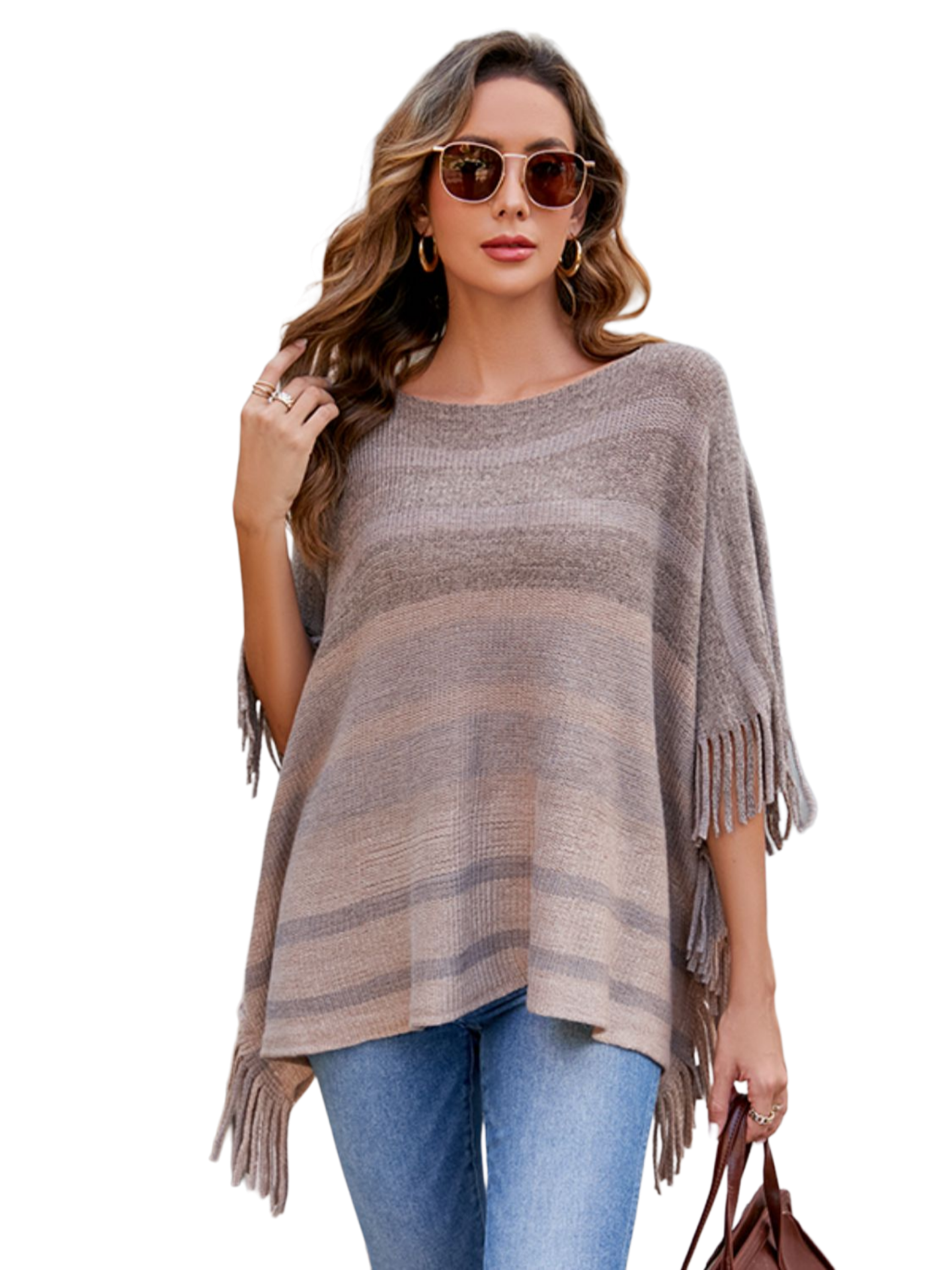 Striped Boat Neck Poncho with Fringes