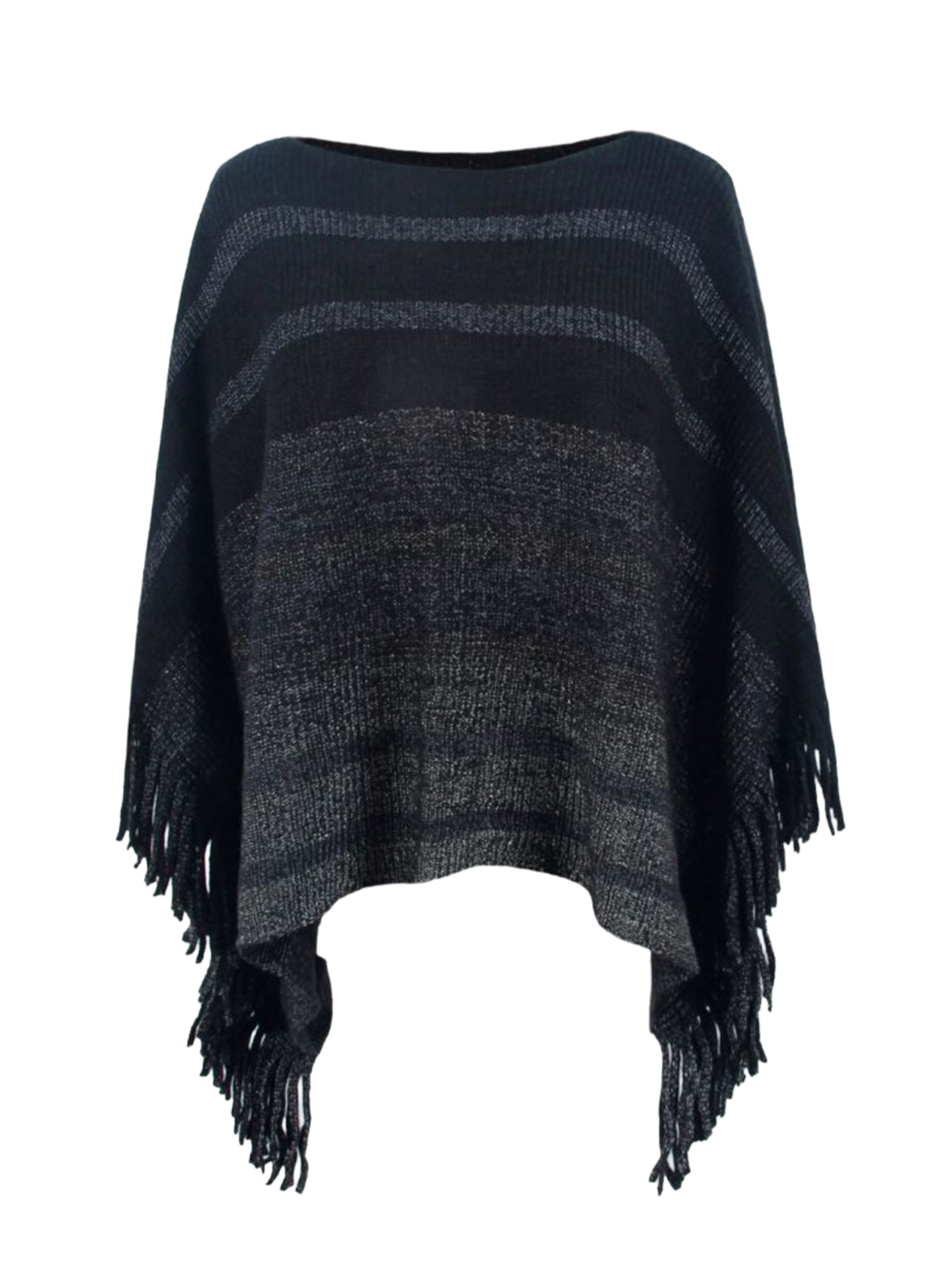 Striped Boat Neck Poncho with Fringes