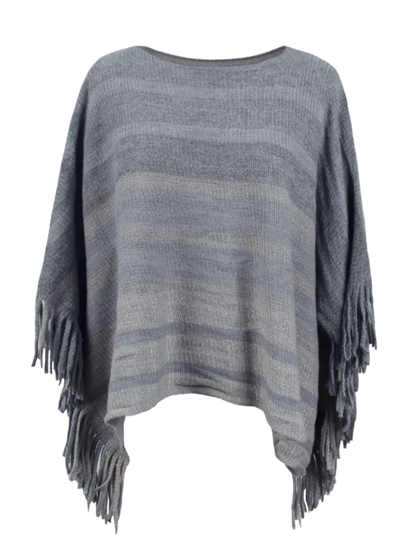 Striped Boat Neck Poncho with Fringes