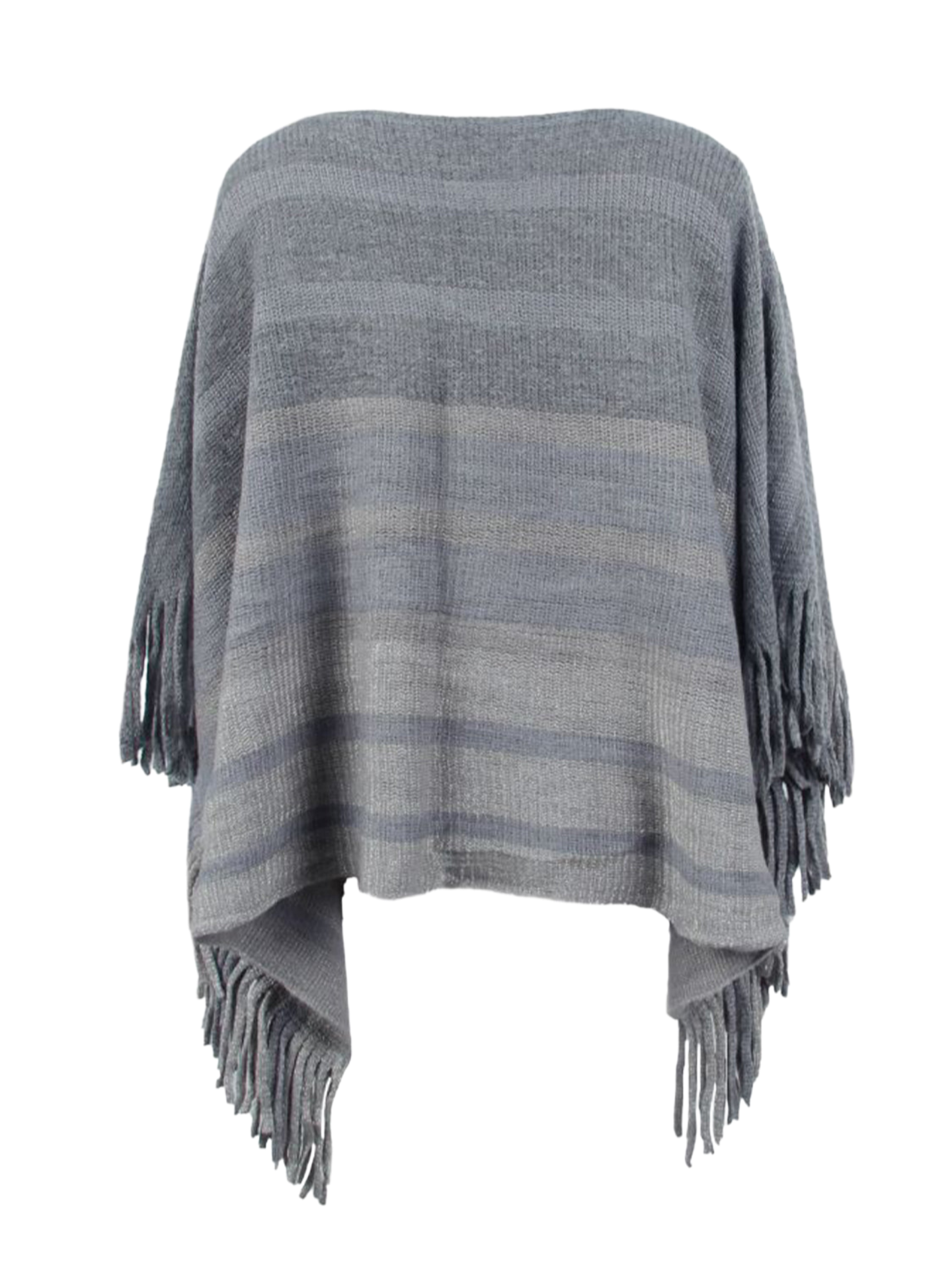 Striped Boat Neck Poncho with Fringes