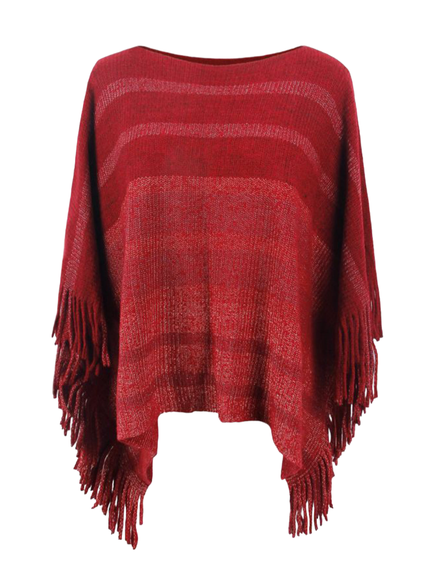 Striped Boat Neck Poncho with Fringes