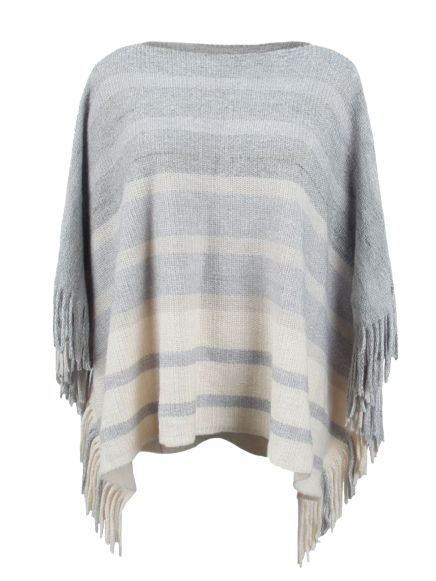 Striped Boat Neck Poncho with Fringes