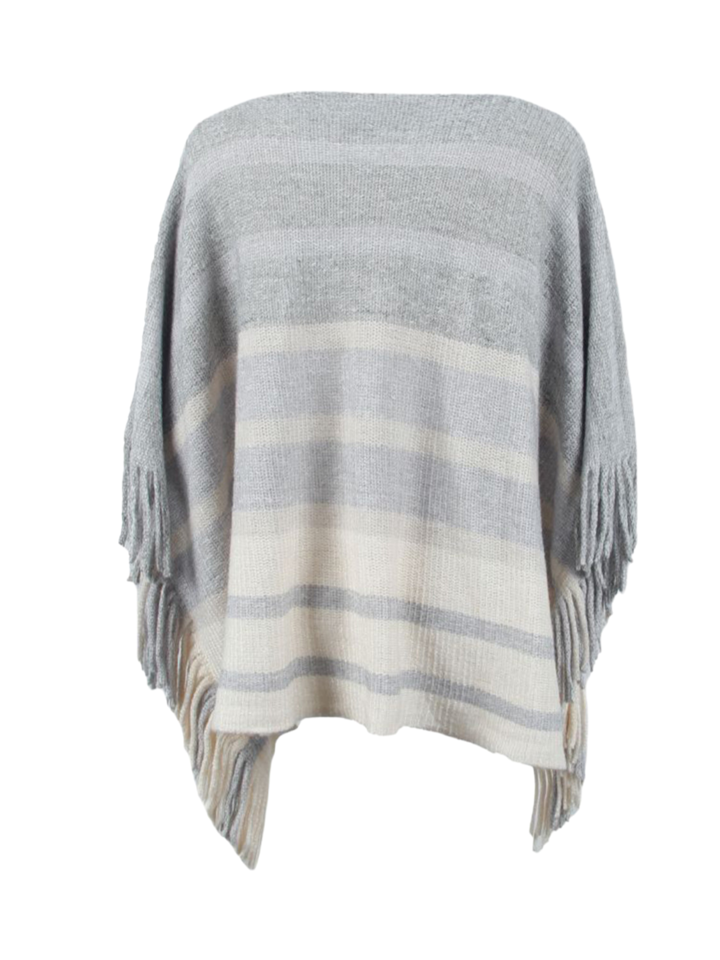 Striped Boat Neck Poncho with Fringes