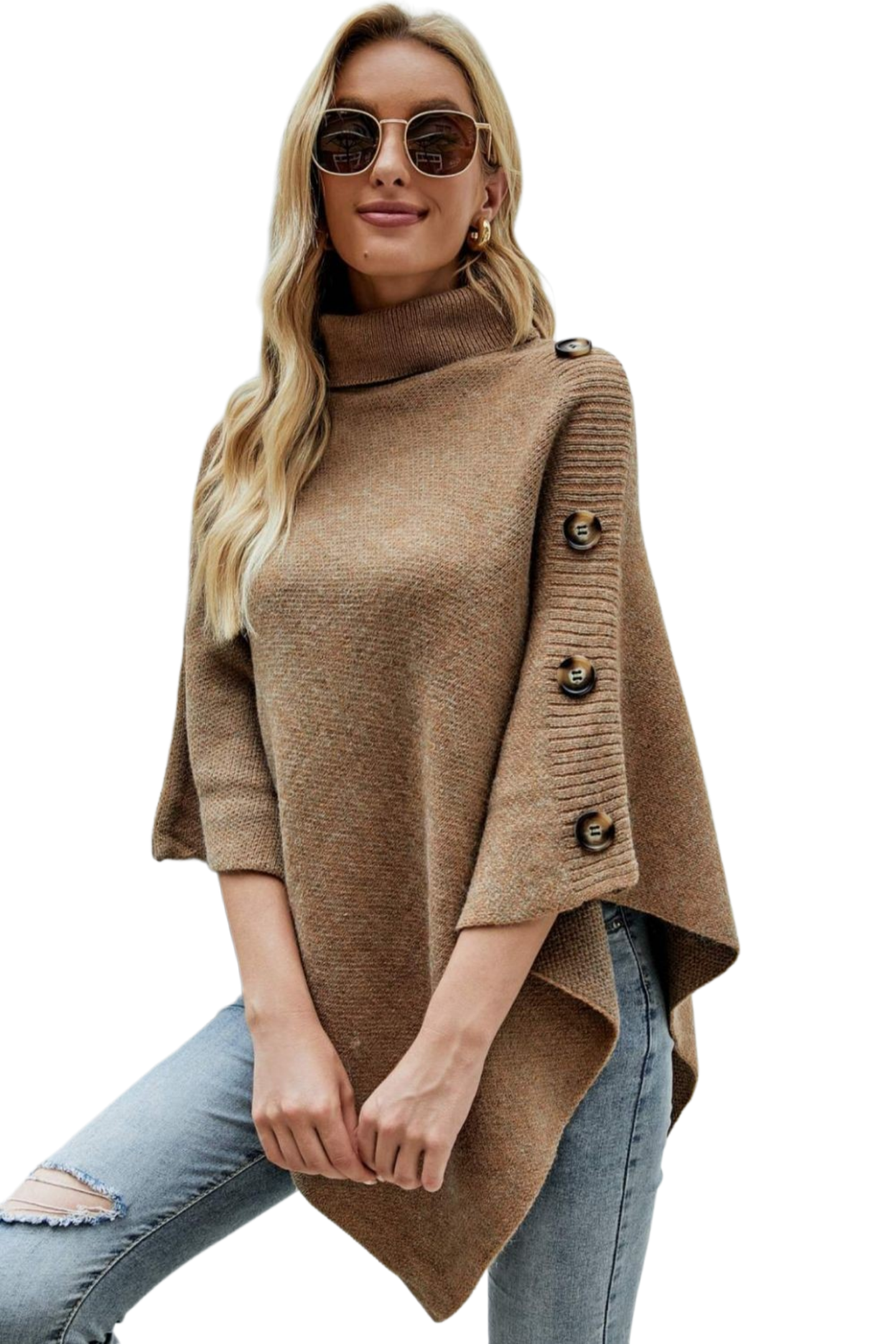 Turtleneck Buttoned Poncho