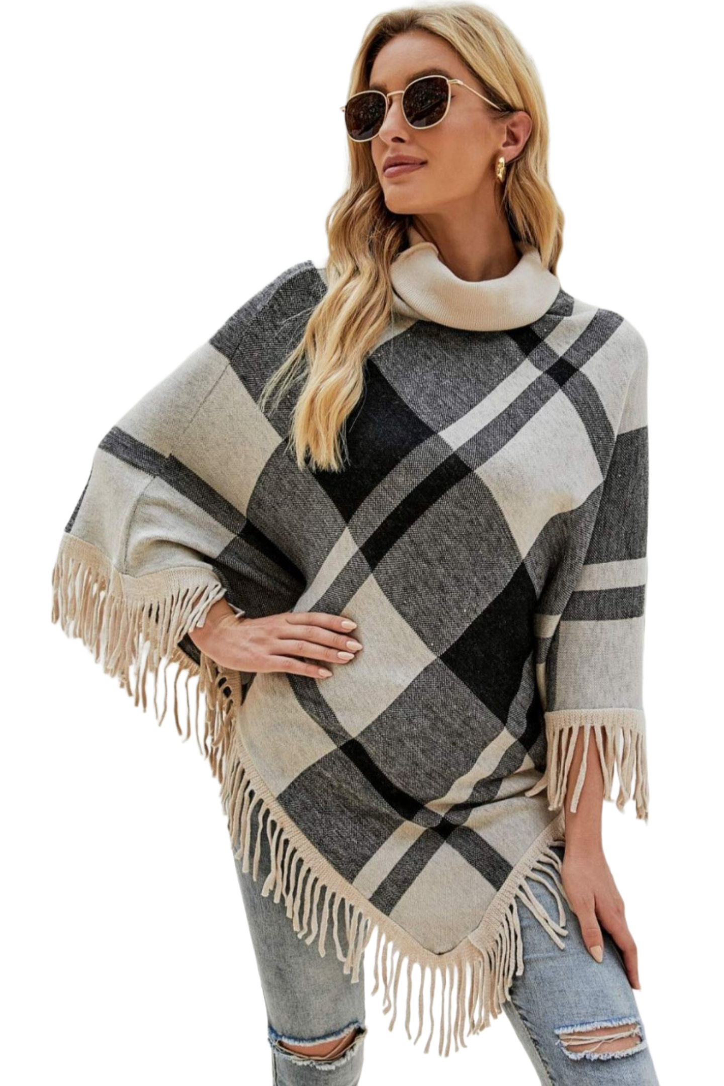 Plaid Turtleneck Fringe Hem Poncho