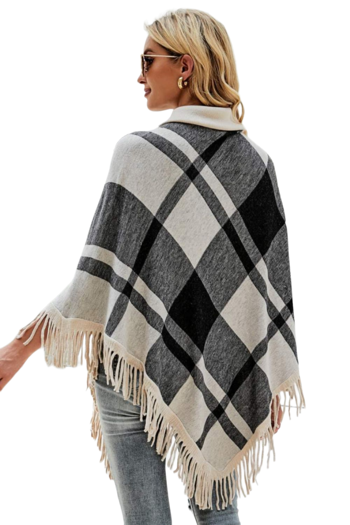 Plaid Turtleneck Fringe Hem Poncho