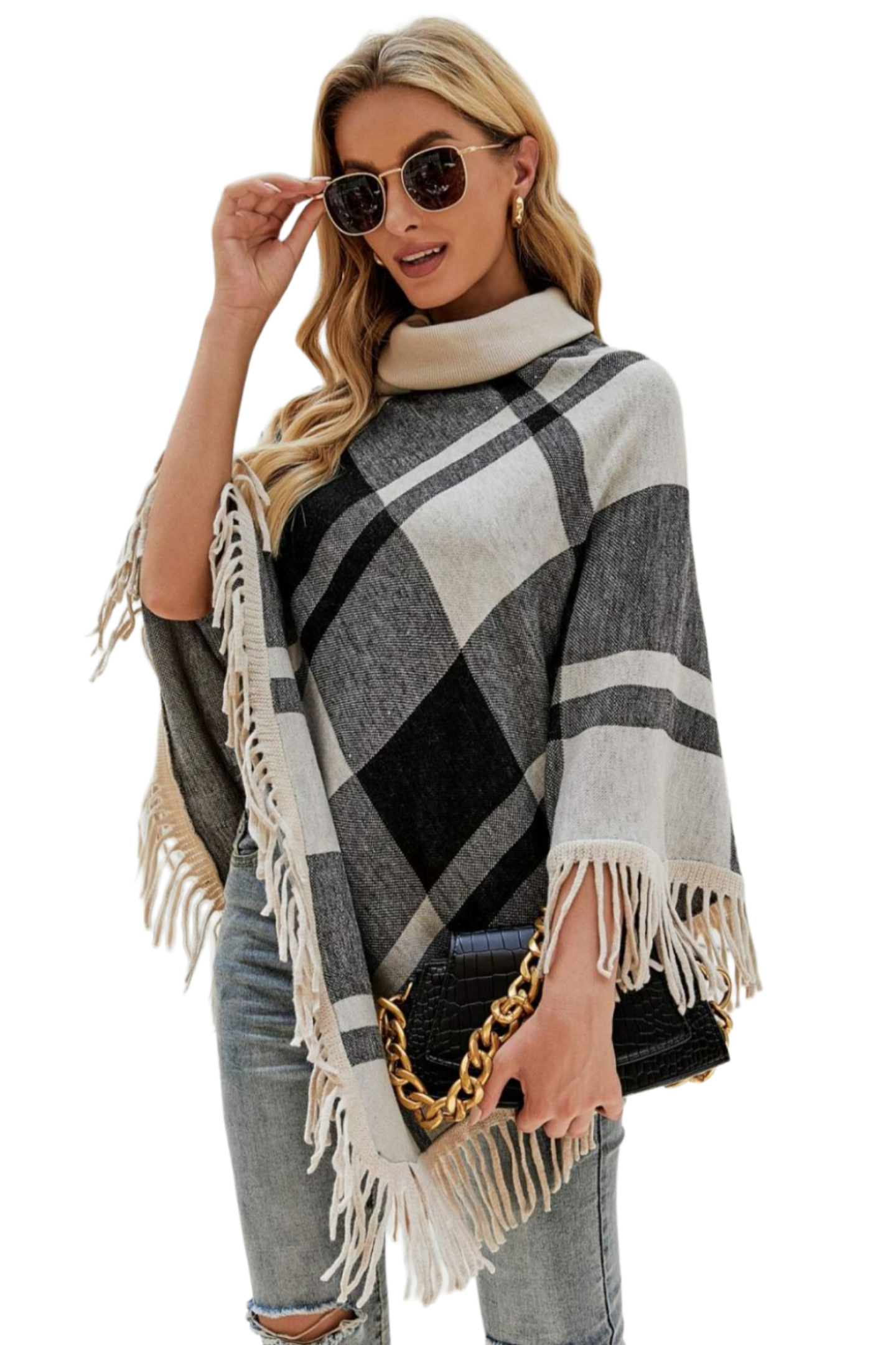 Plaid Turtleneck Fringe Hem Poncho