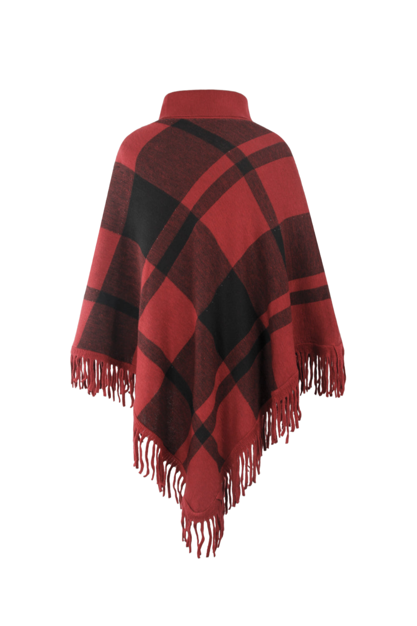 Plaid Turtleneck Fringe Hem Poncho