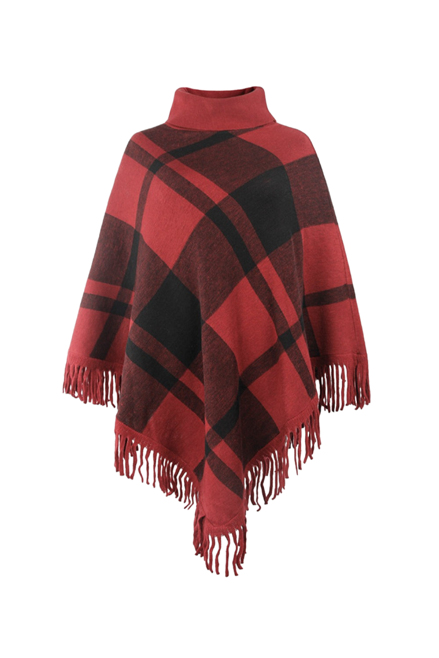 Plaid Turtleneck Fringe Hem Poncho