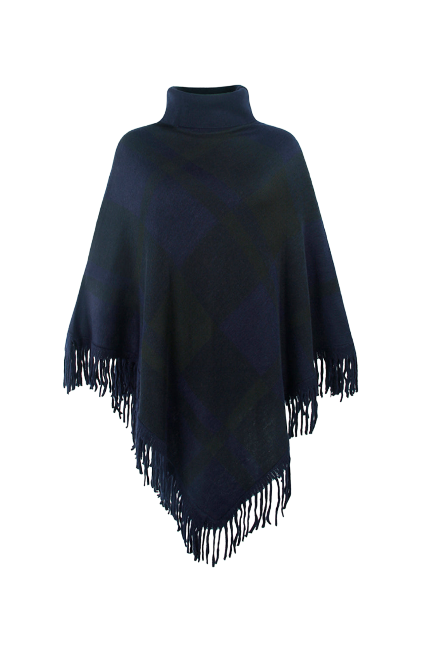 Plaid Turtleneck Fringe Hem Poncho