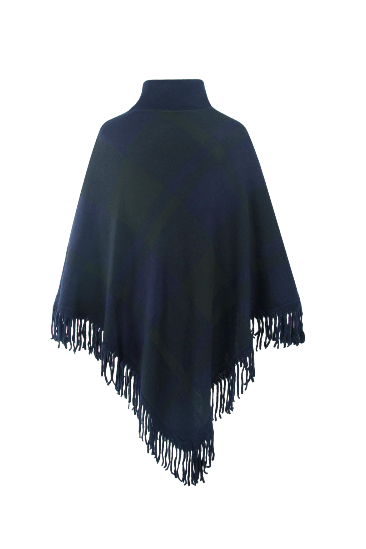 Plaid Turtleneck Fringe Hem Poncho