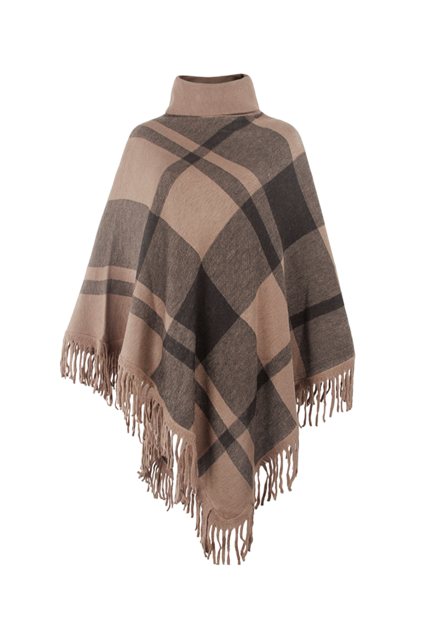 Plaid Turtleneck Fringe Hem Poncho