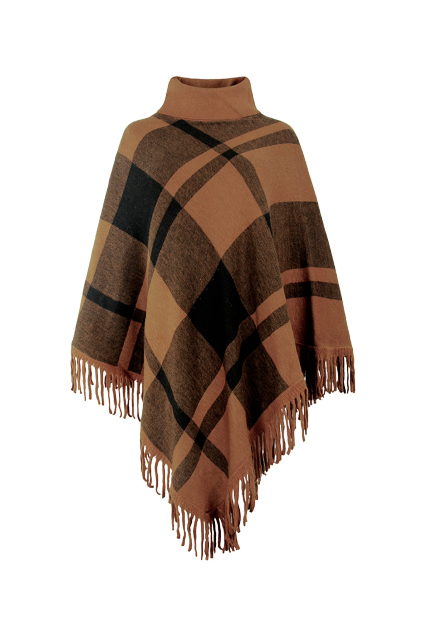 Plaid Turtleneck Fringe Hem Poncho