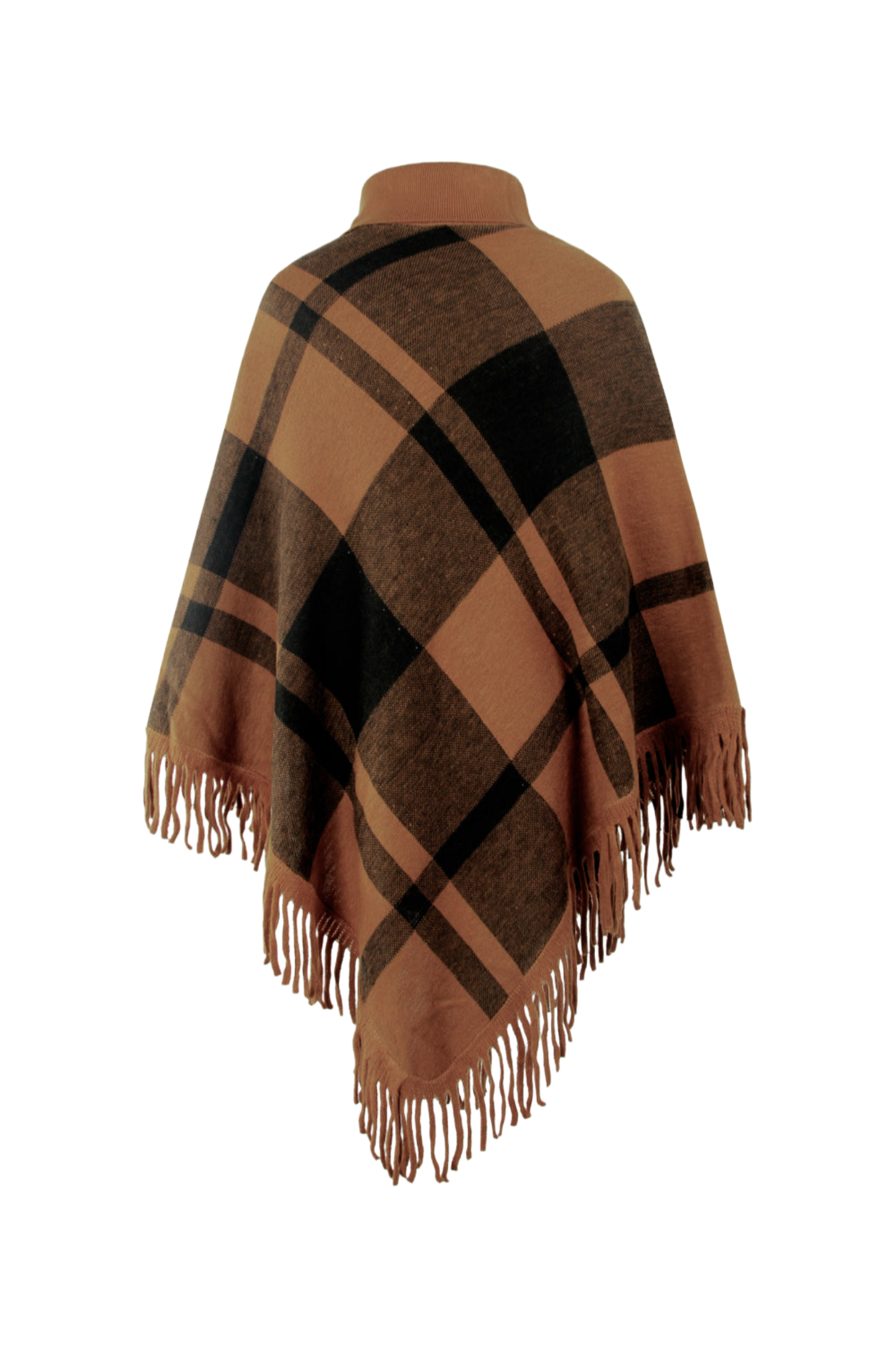 Plaid Turtleneck Fringe Hem Poncho