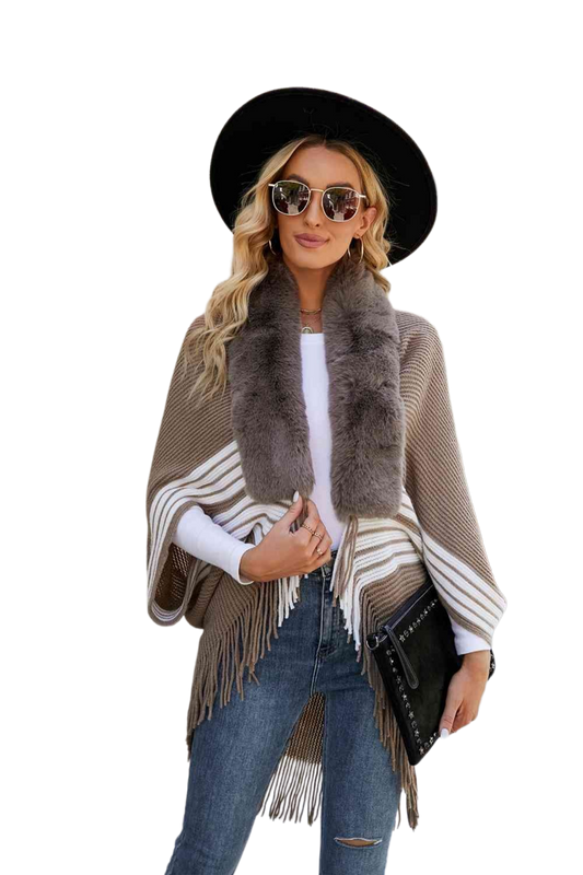 Striped Fringe Detail Long Sleeve Poncho