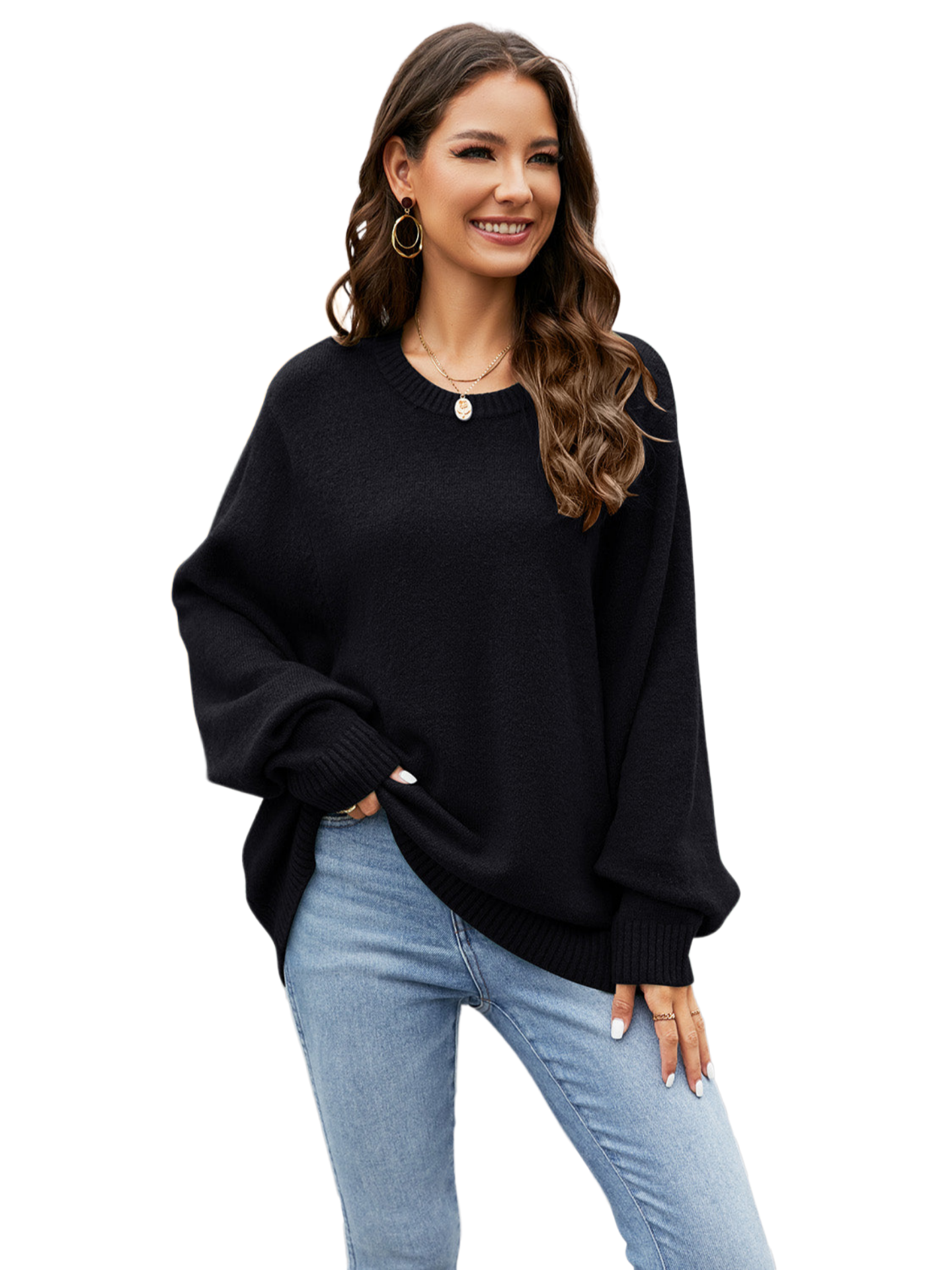 Round Neck Ribbed Trim Sweater