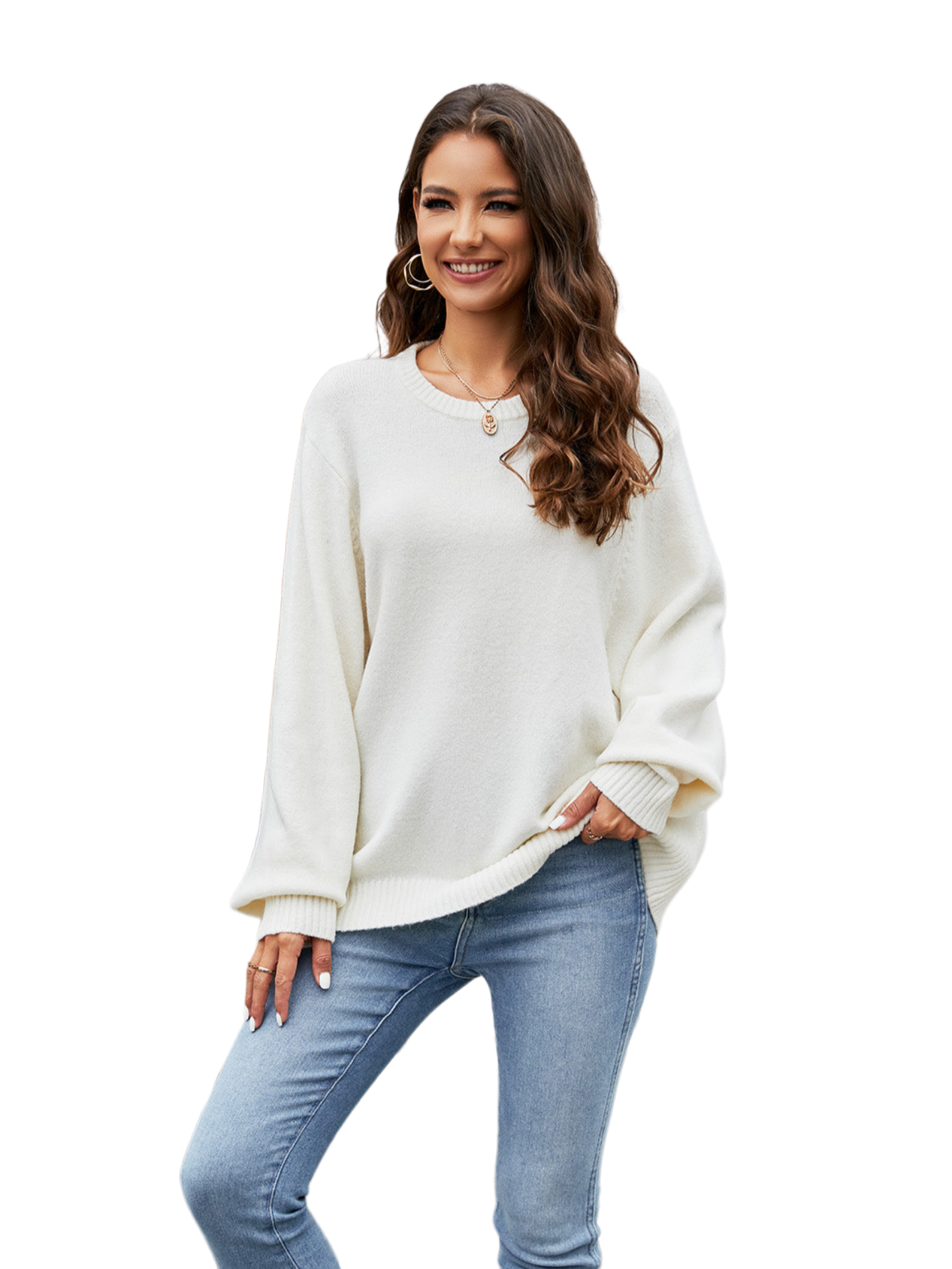 Round Neck Ribbed Trim Sweater