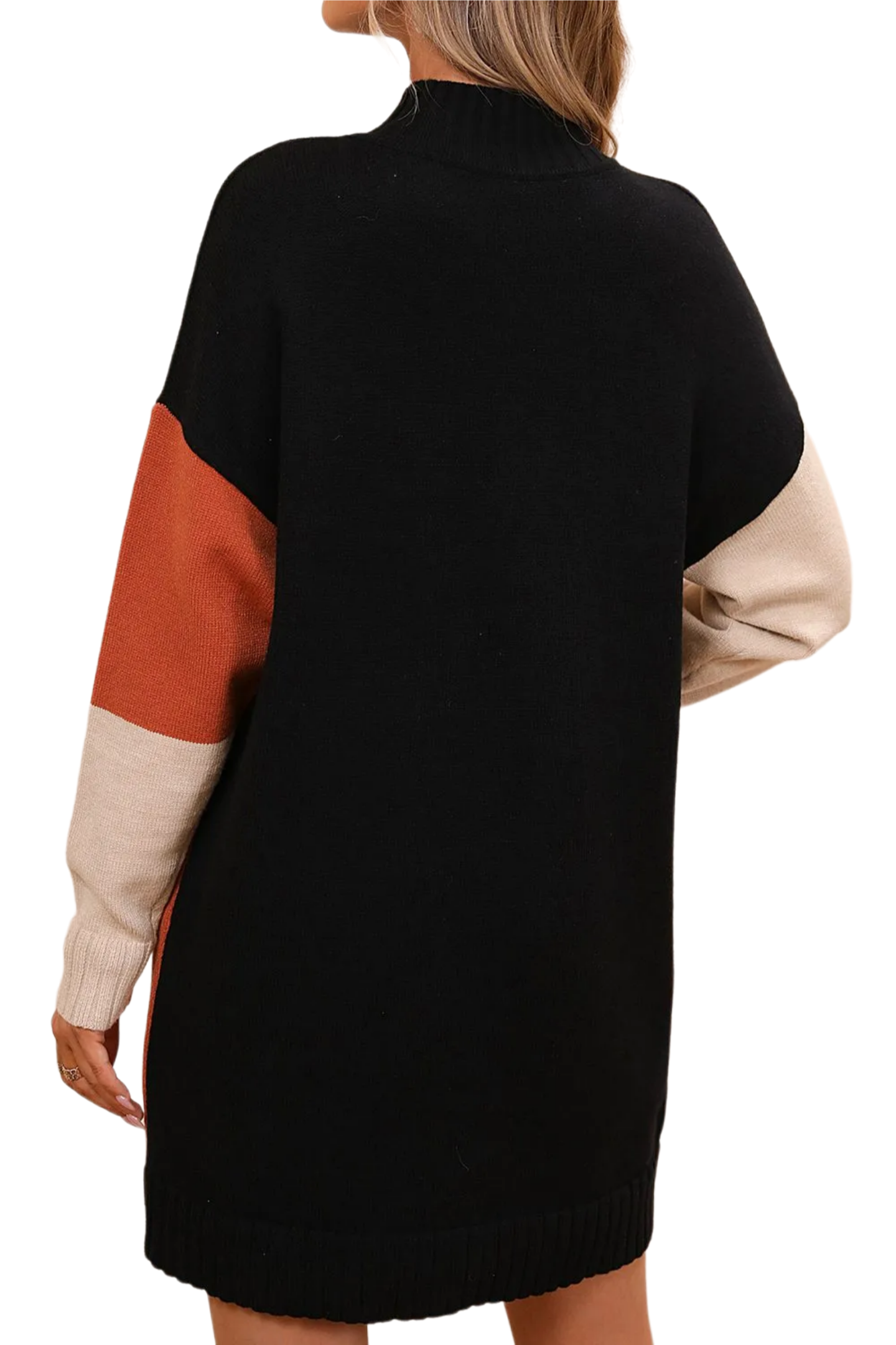 Color Block Mock Neck Dropped Shoulder Sweater Dress