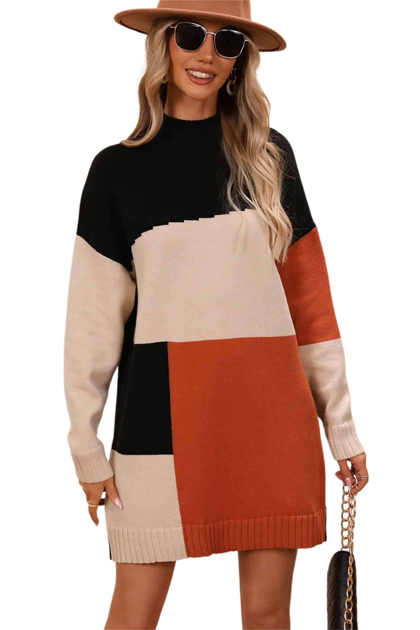 Color Block Mock Neck Dropped Shoulder Sweater Dress