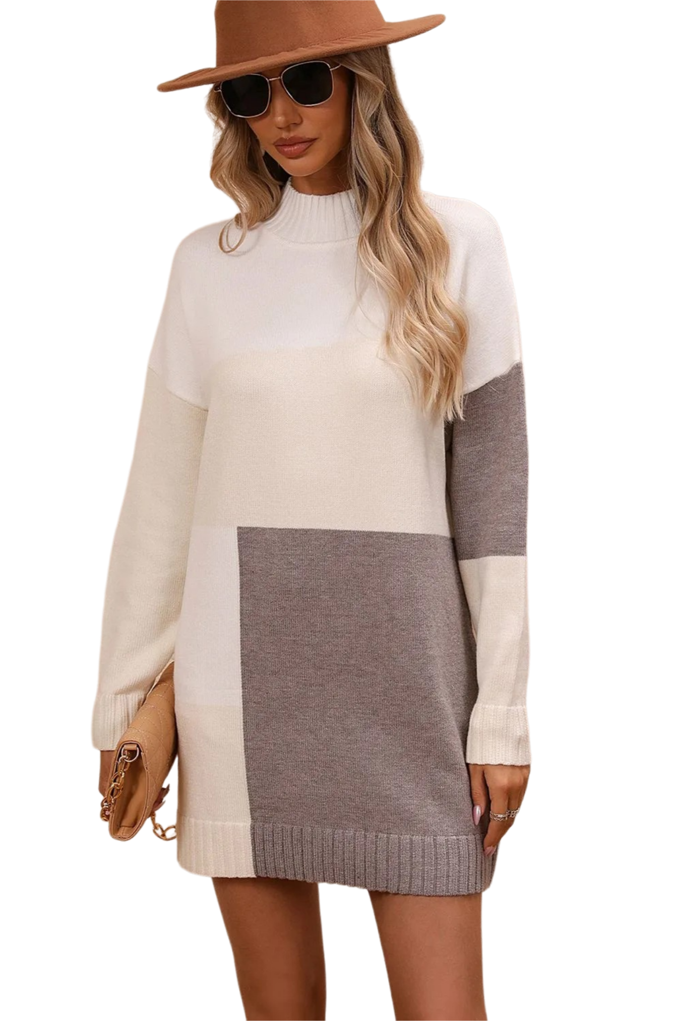 Color Block Mock Neck Dropped Shoulder Sweater Dress