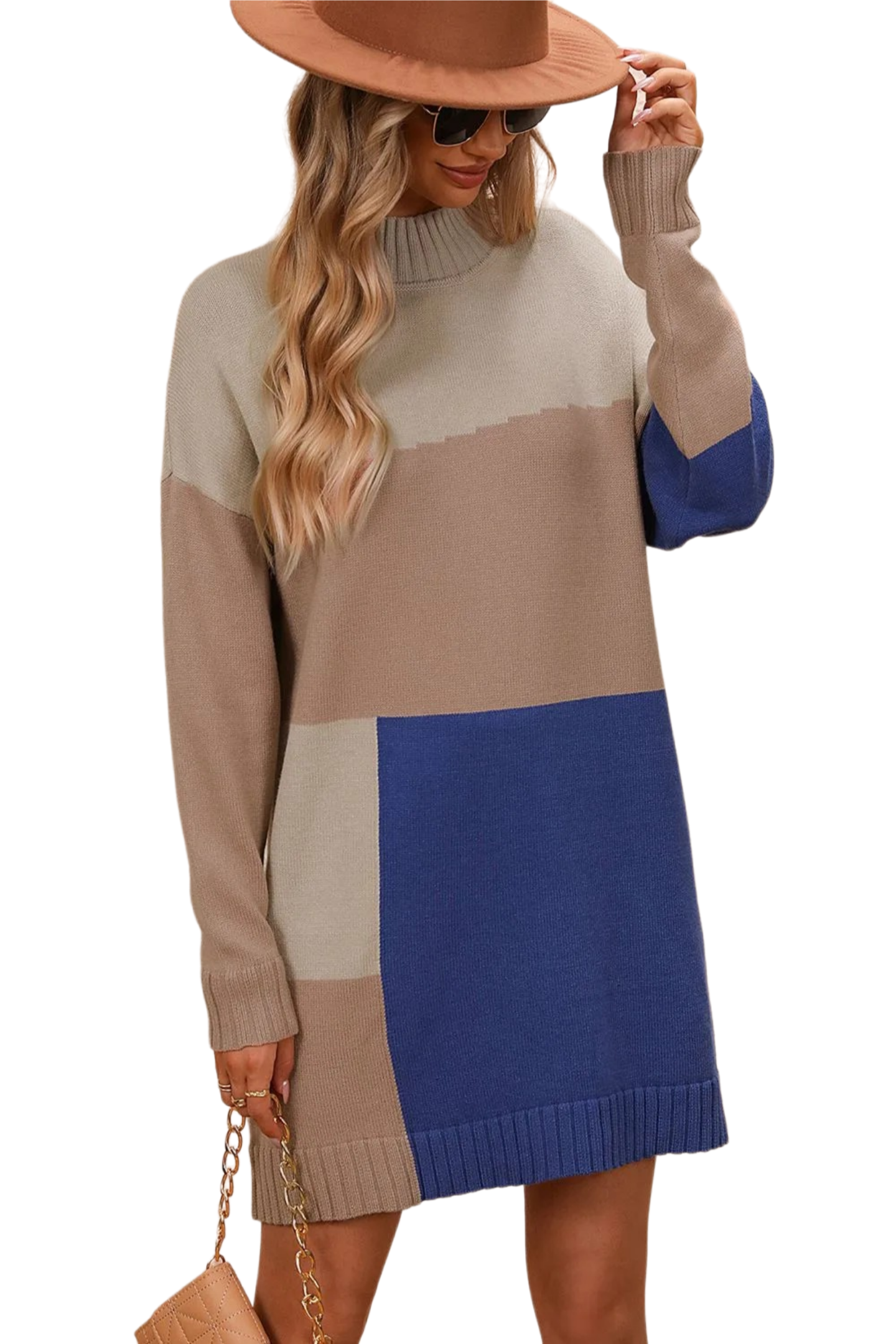 Color Block Mock Neck Dropped Shoulder Sweater Dress