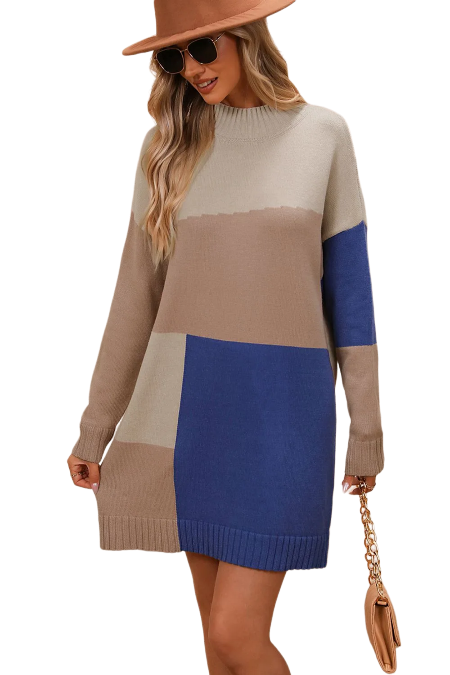 Color Block Mock Neck Dropped Shoulder Sweater Dress