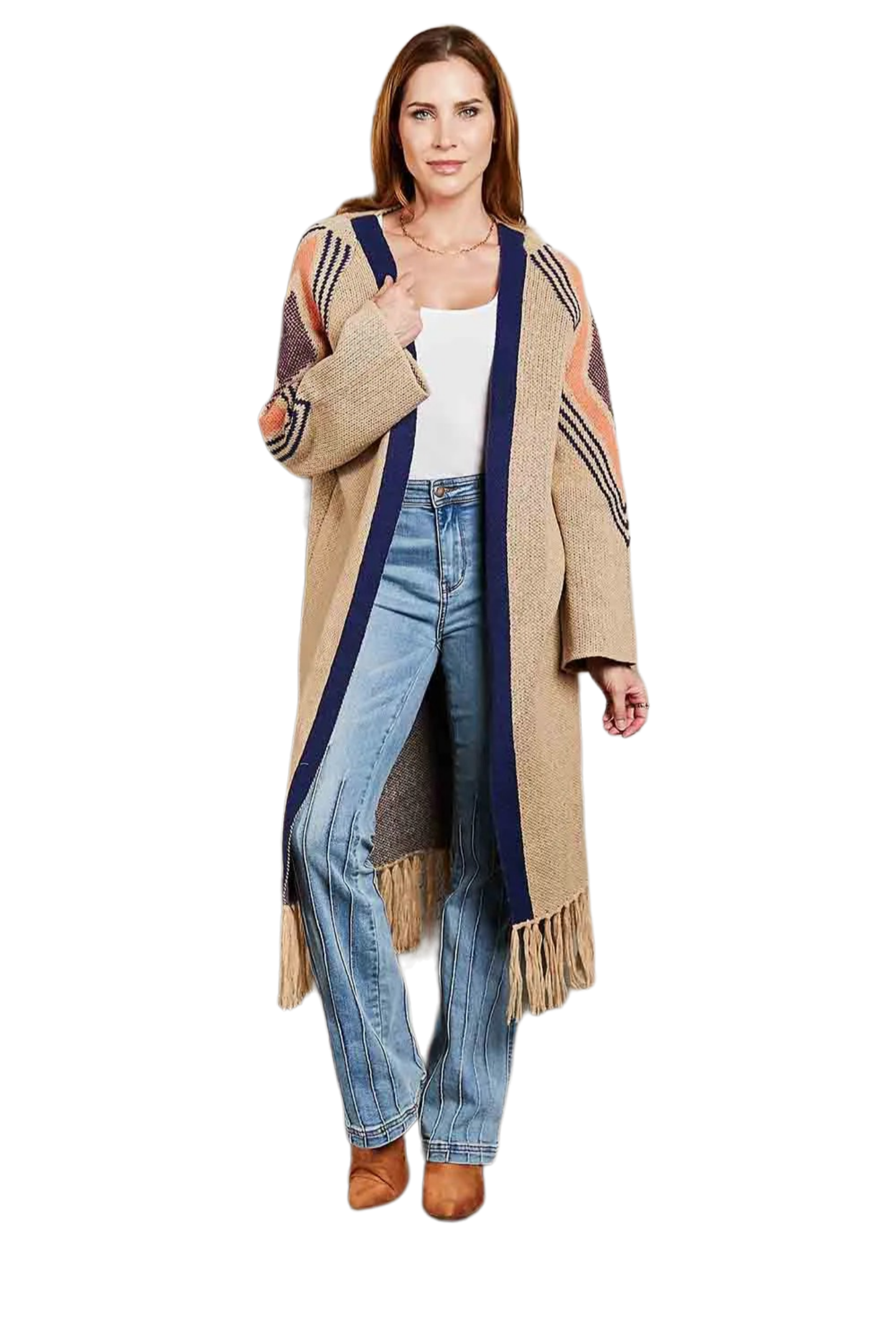 Double Take Geometric Fringe Hem Open Front Duster Cardigan