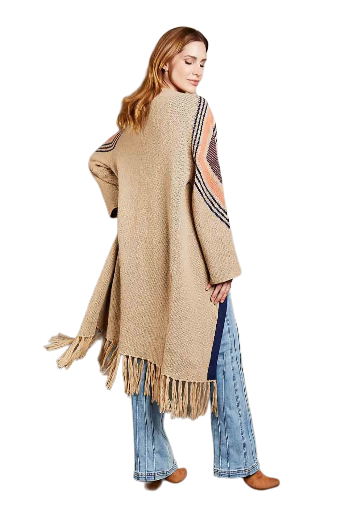 Double Take Geometric Fringe Hem Open Front Duster Cardigan